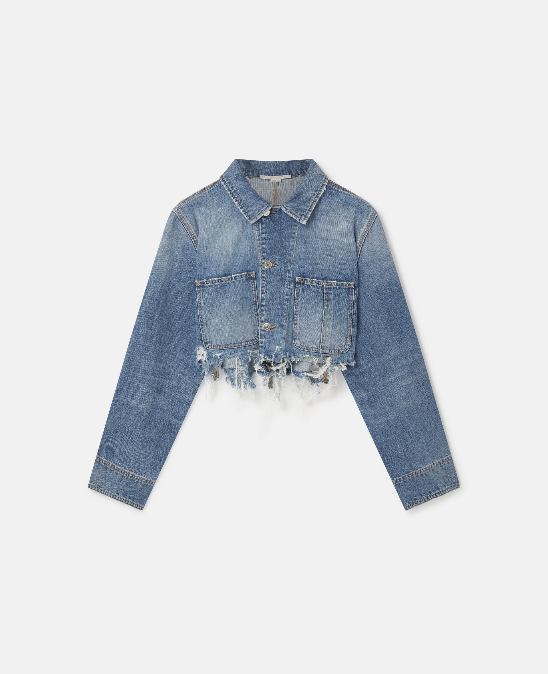 Vintage Wash Distressed Cropped Denim Jacket-Blue-large image number 0
