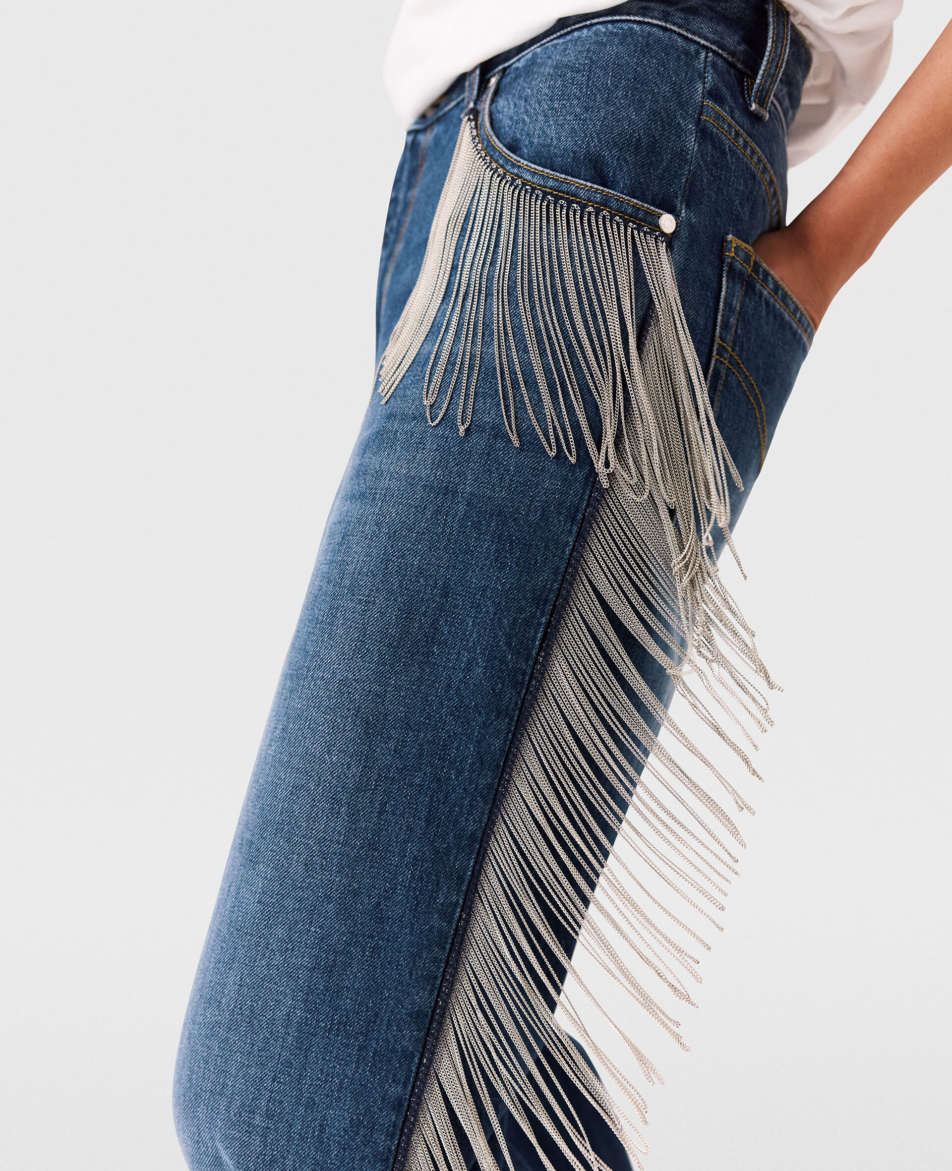 Chain Tassel Straight-Leg Denim Jeans-Blue-large image number 2