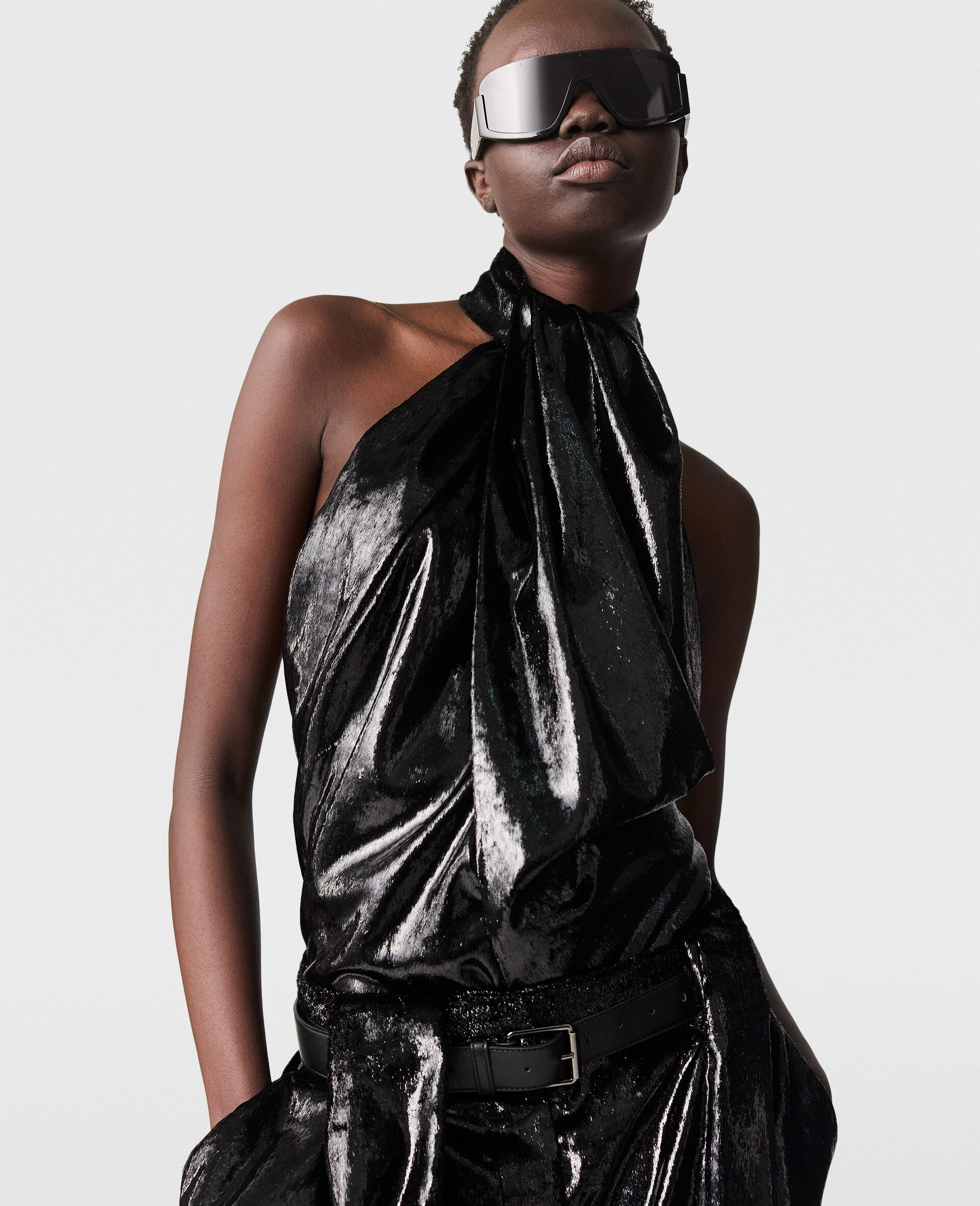 Halterneck Panel Velvet Top-Black-large image number 4