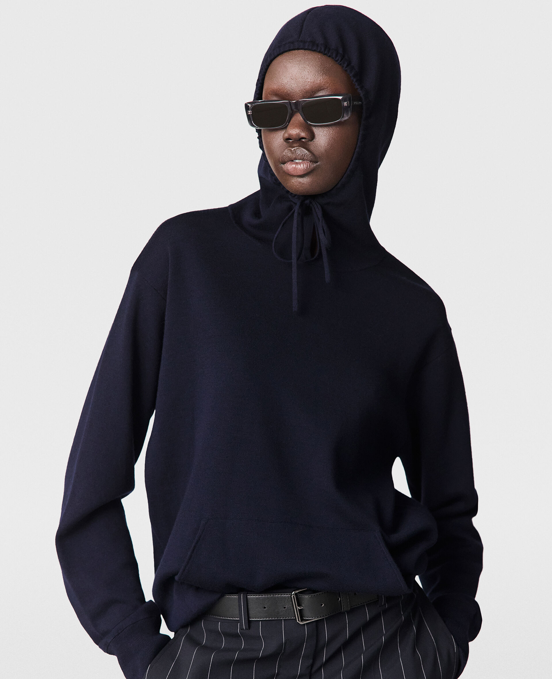 Slouchy Drawstring Hoodie-Blue-model Slouchy Drawstring Hoodie-Blue-model