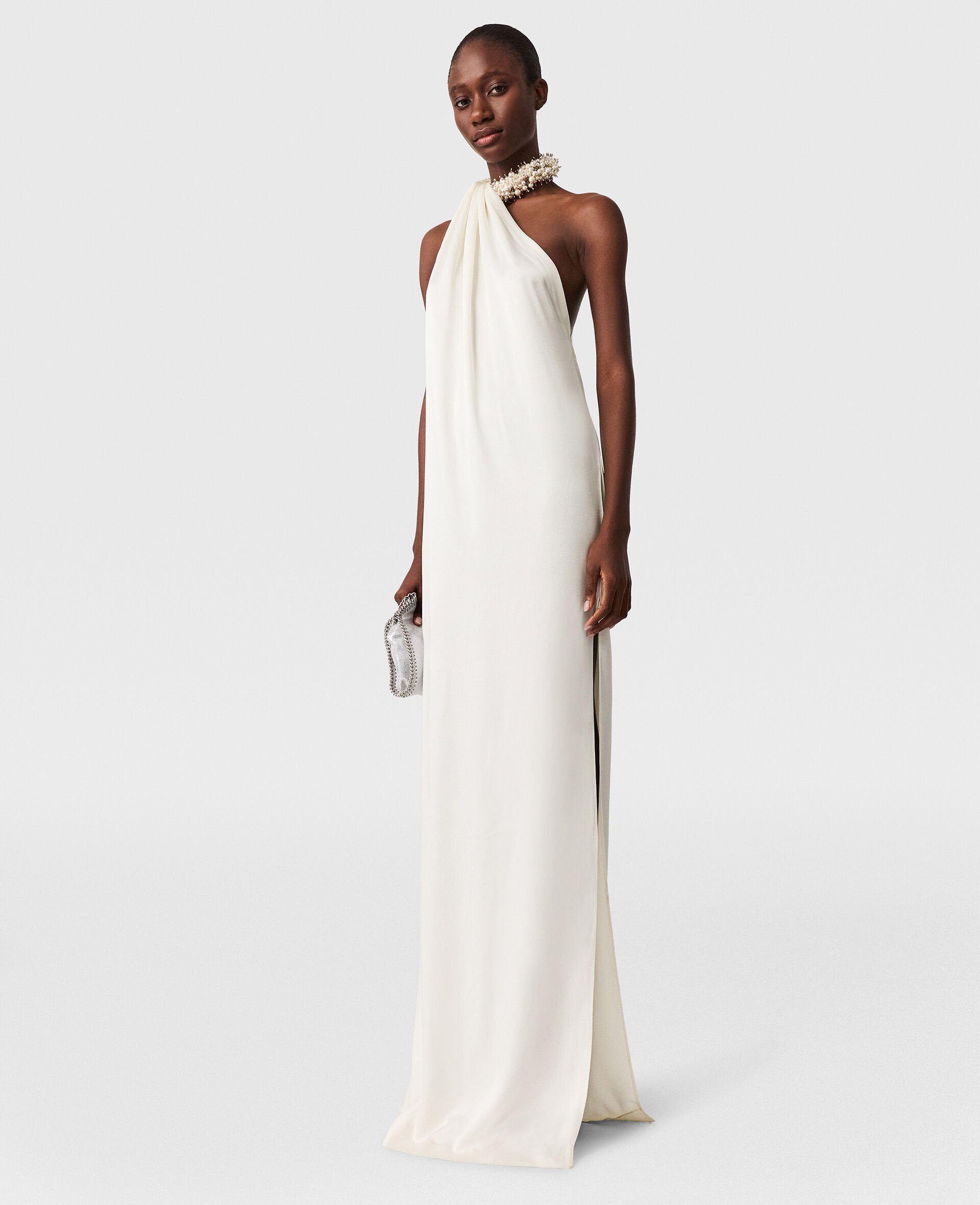 Embellished Halterneck Asymmetric Satin Dress -Cream-large image number 4