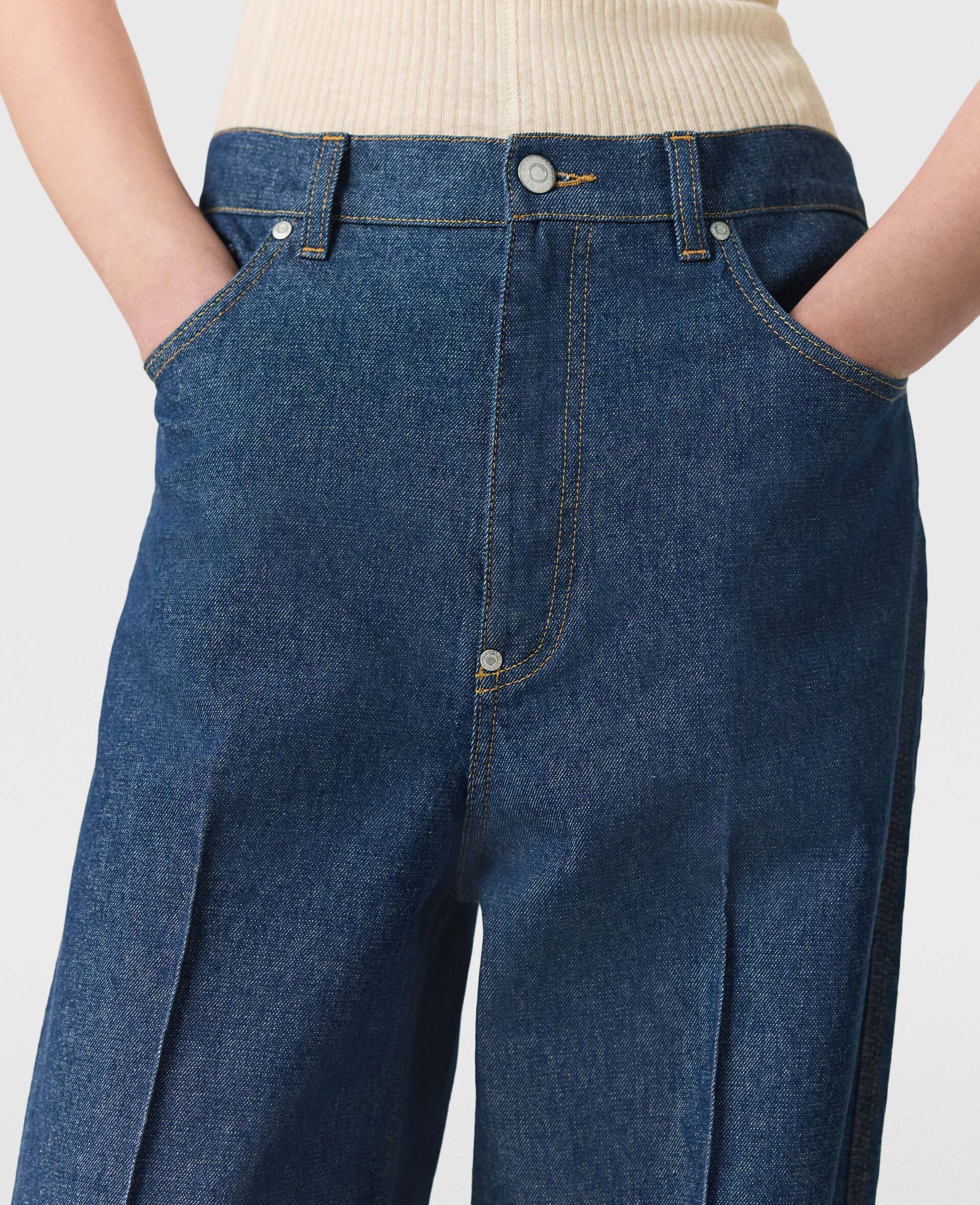 Centre-Pleat Denim Tailored Trousers-Blue-large image number 3