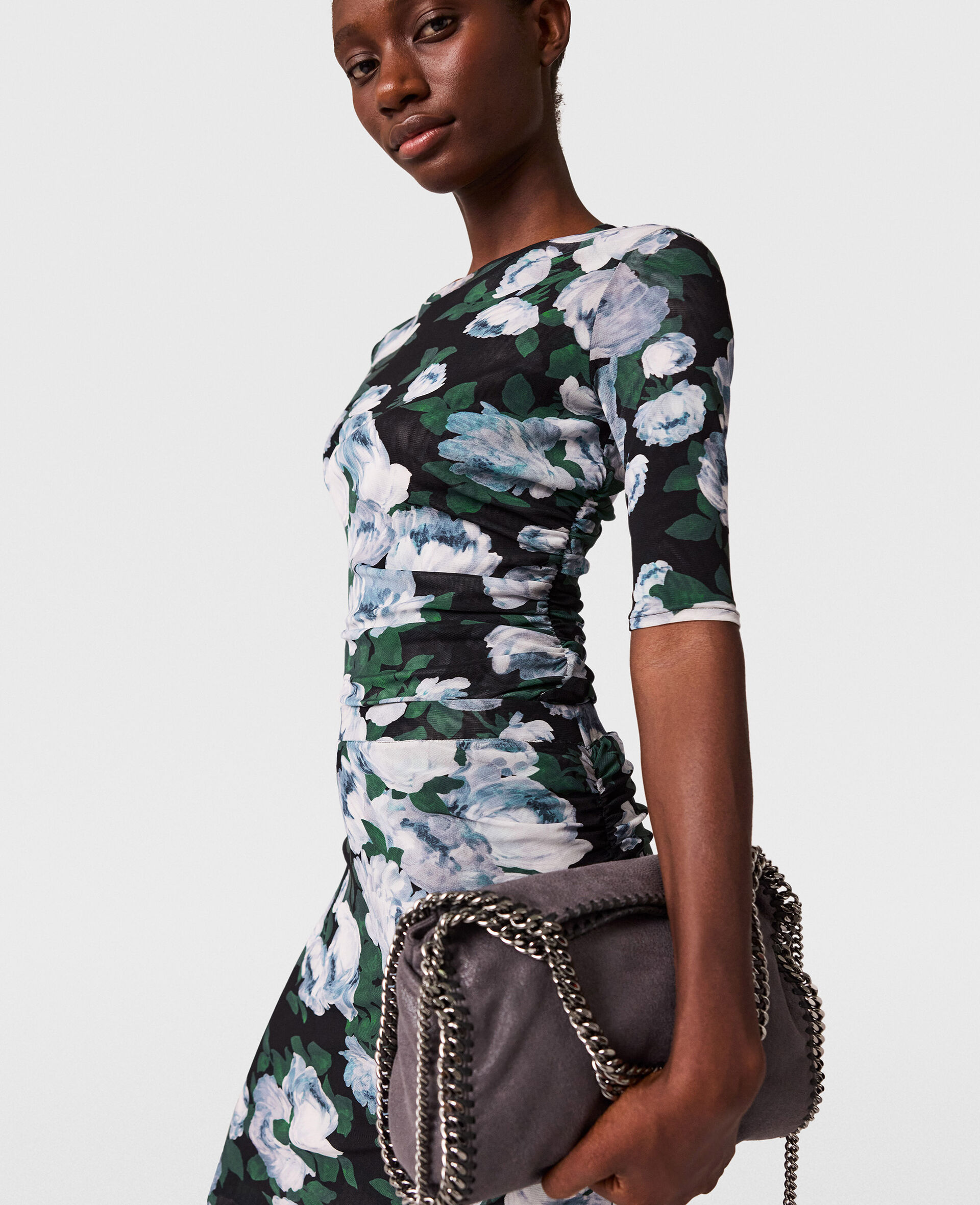 花卉七分袖网眼上衣-蓝色-medium