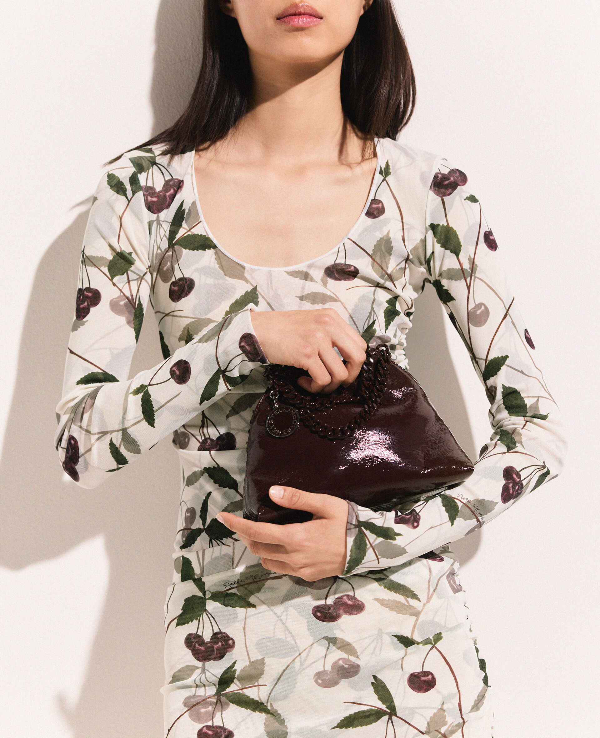 Cherry Print Mesh Long Sleeve Top-Beige-large image number 5