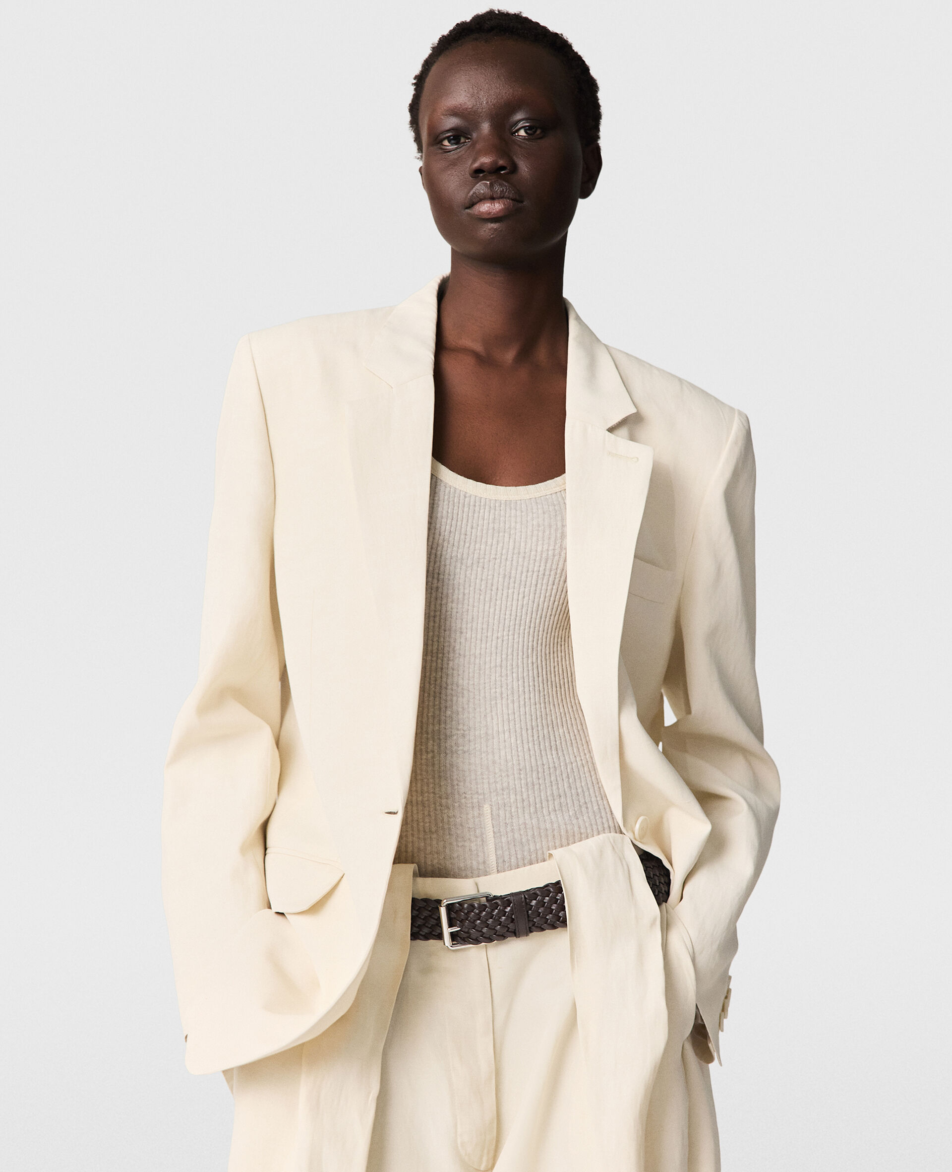 Oversized Single-Breasted Blazer-Beige-medium