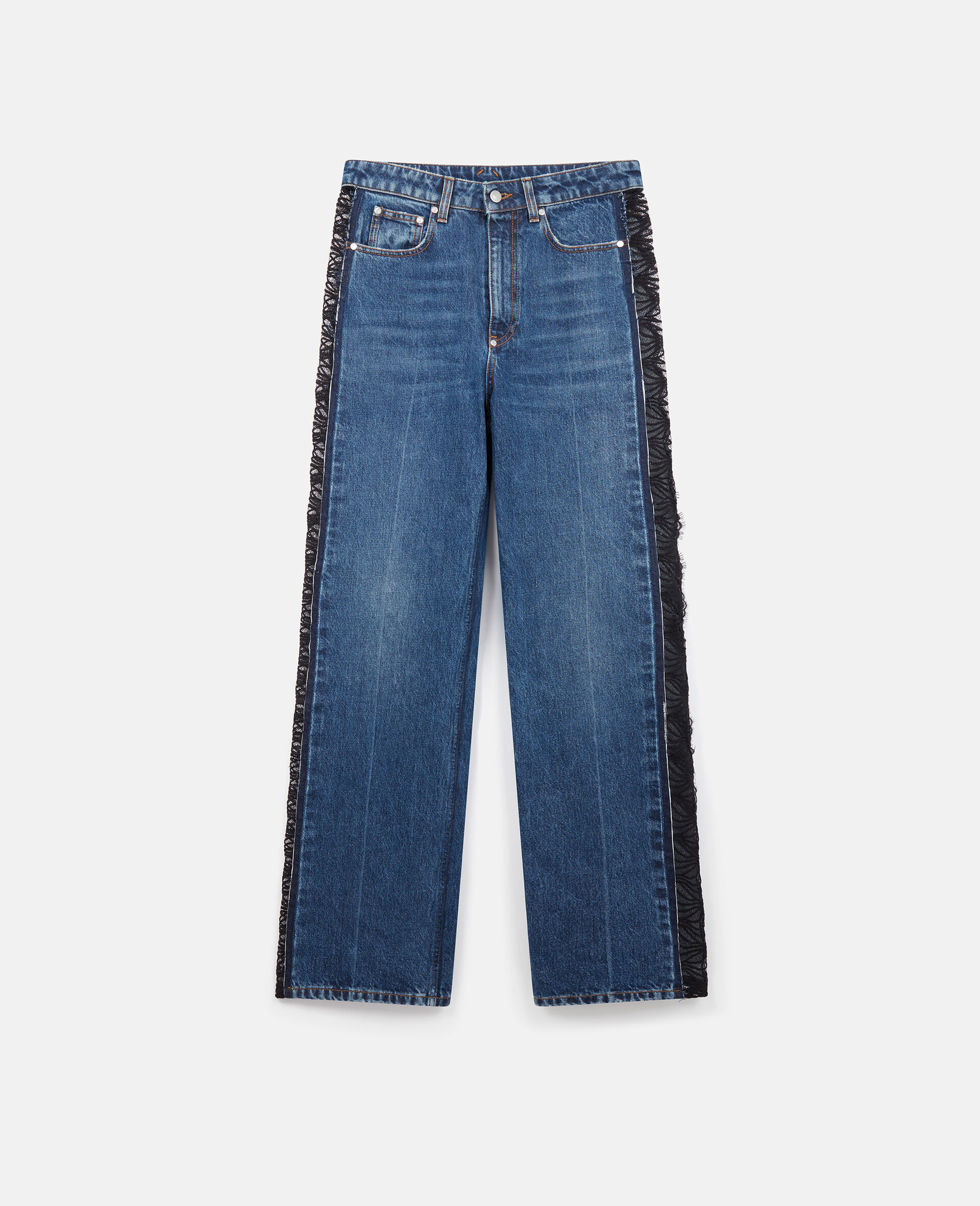 Jeans a Vita Alta con Gamba Dritta in Pizzo-Blu-large image number 0