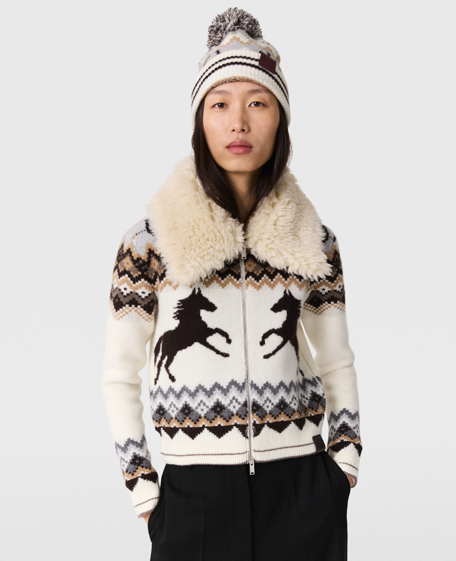 Fairisle Plush Teddy Cardigan -Brown-large image number 1