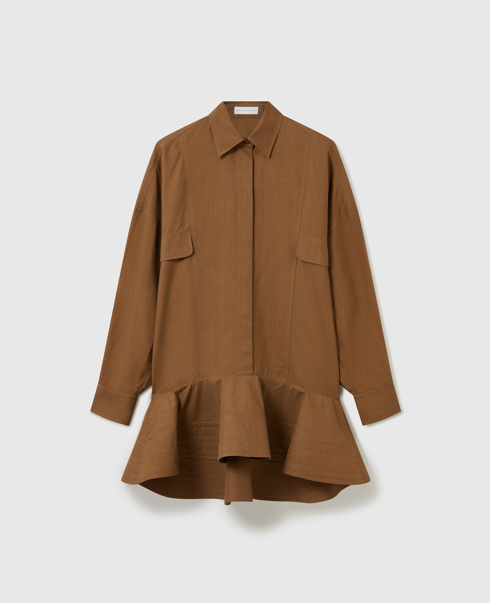 Washed Cotton Peplum Shirt Dress-Brown-medium