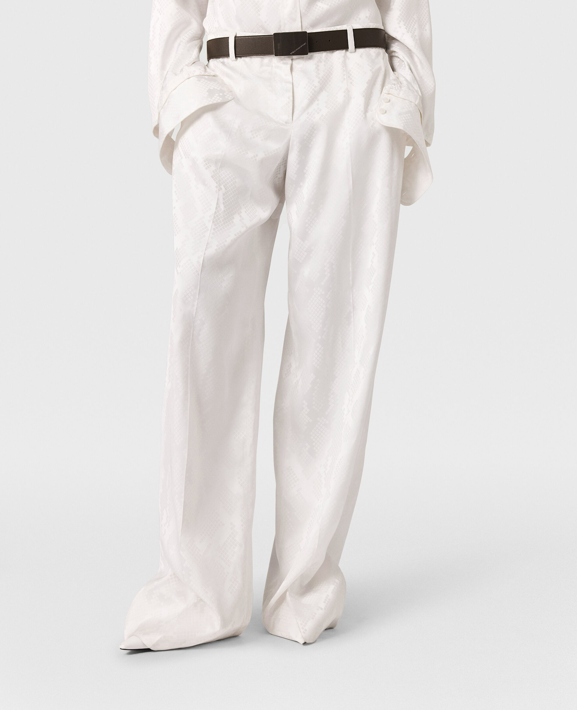 Snake Print Pleated Straight-Leg Trousers-White-large image number 4