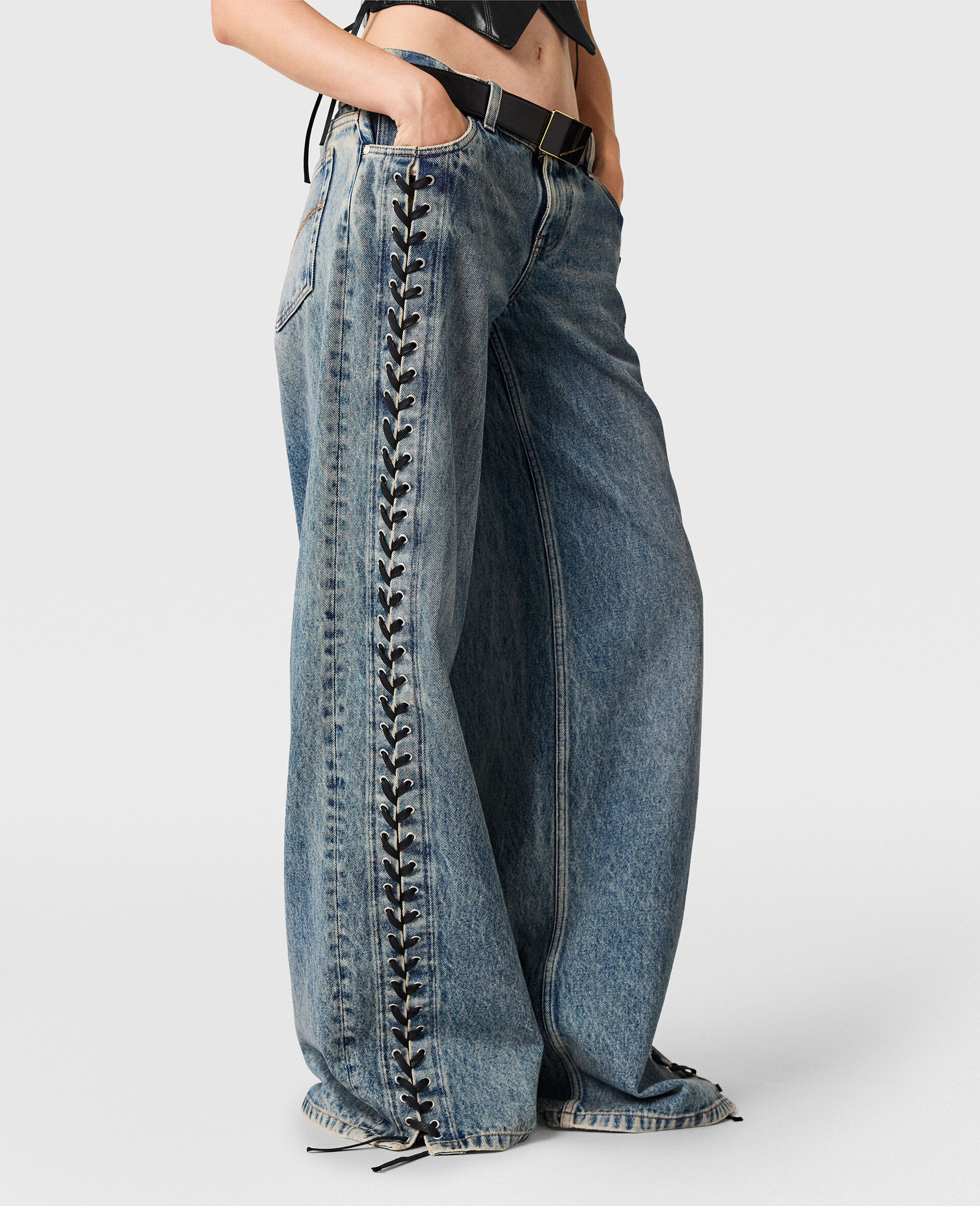 Jean large en denim à lacets -Bleu-large image number 3