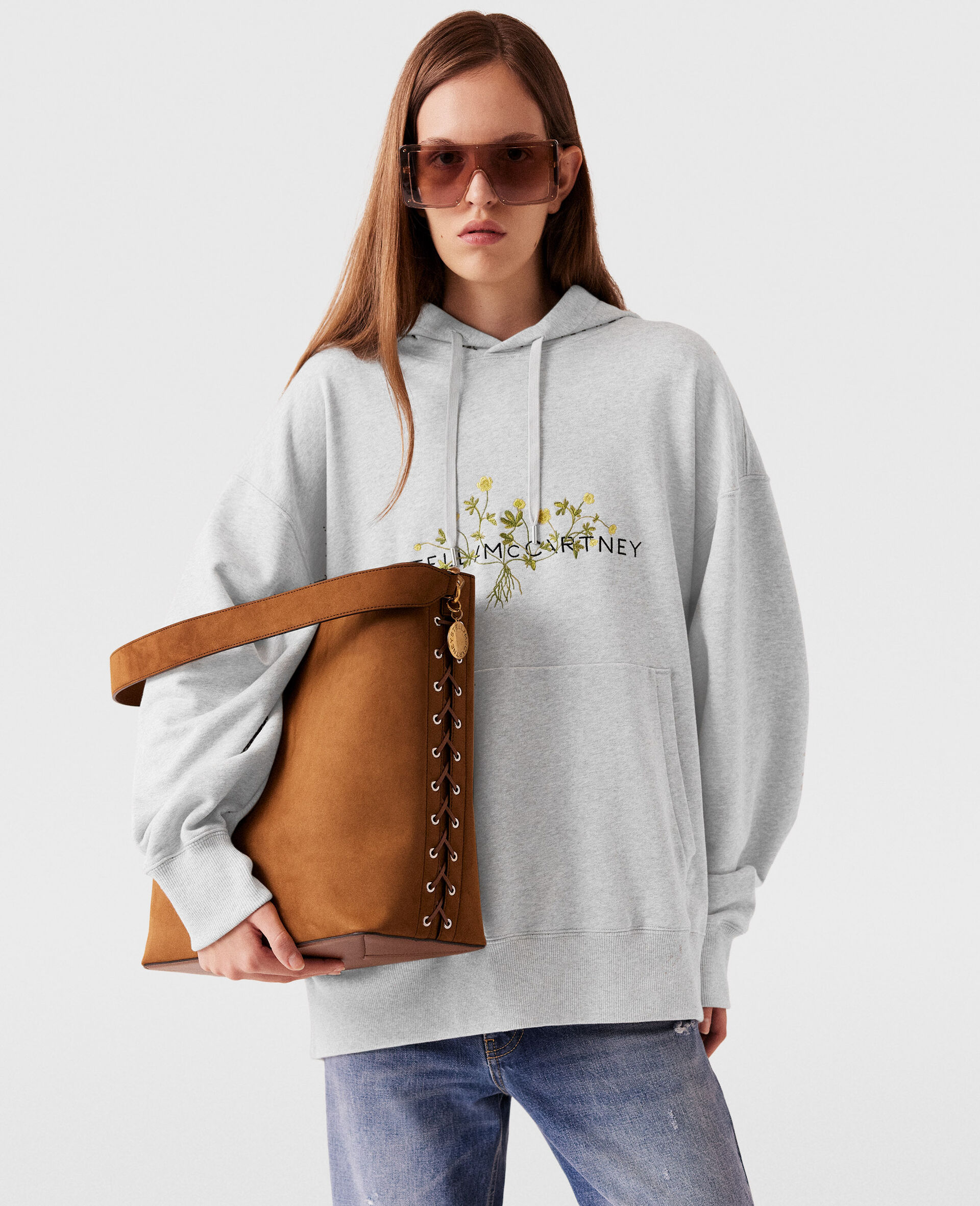 Floral Embroidered Logo Hoodie-Grey-large image number 4