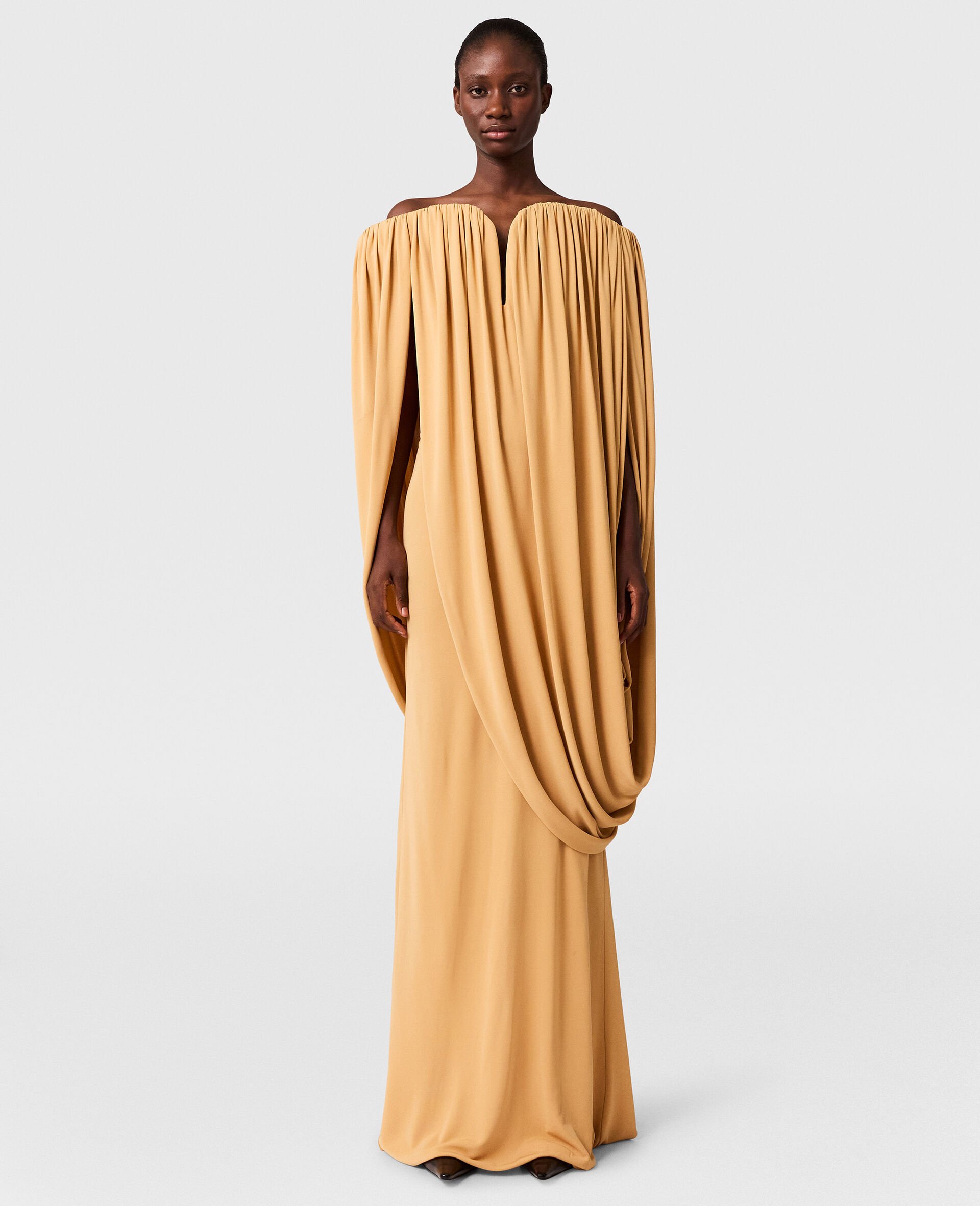 Cape-Sleeve Strapless Pleated Crepe Dress-Pink-medium