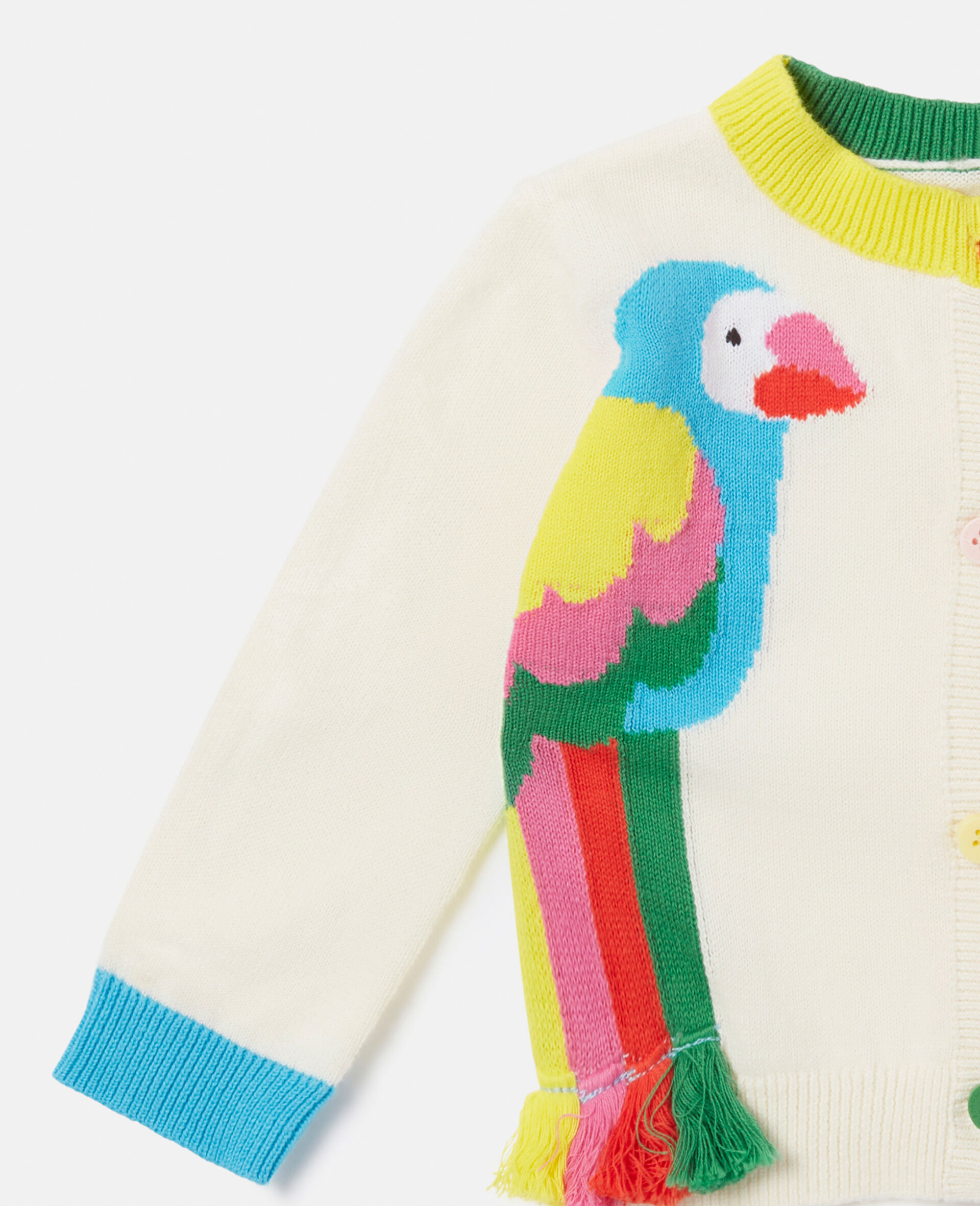 Double Parrot Intarsia Knit Fringed Cardigan-White-large image number 1