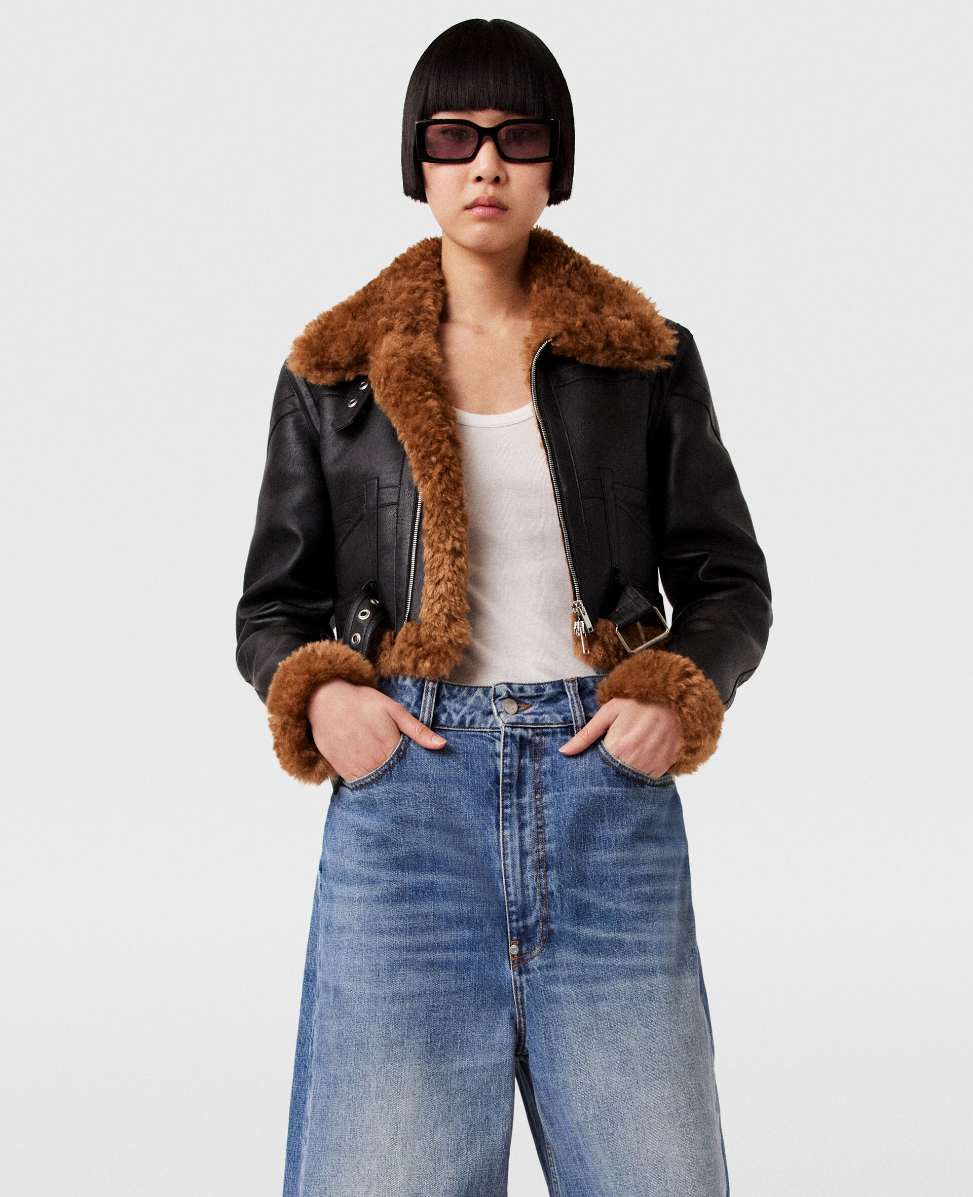 Plush Teddy Cropped Biker Jacket-Black-large image number 2