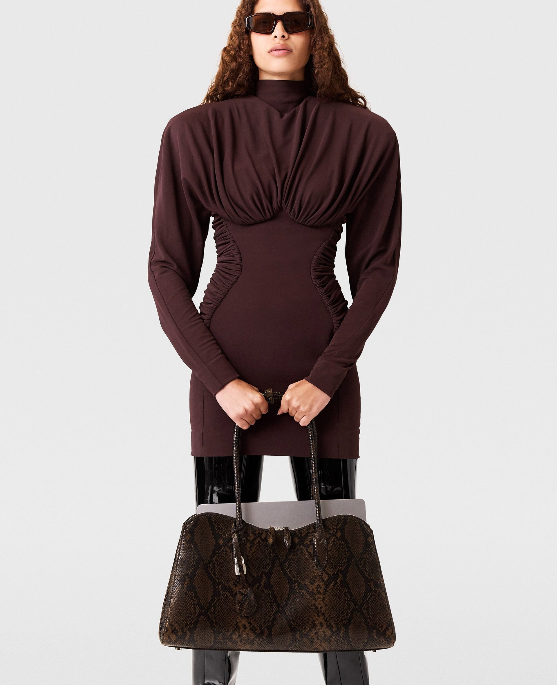 Pleated High-Neck Long-Sleeve Mini Dress-Brown-model