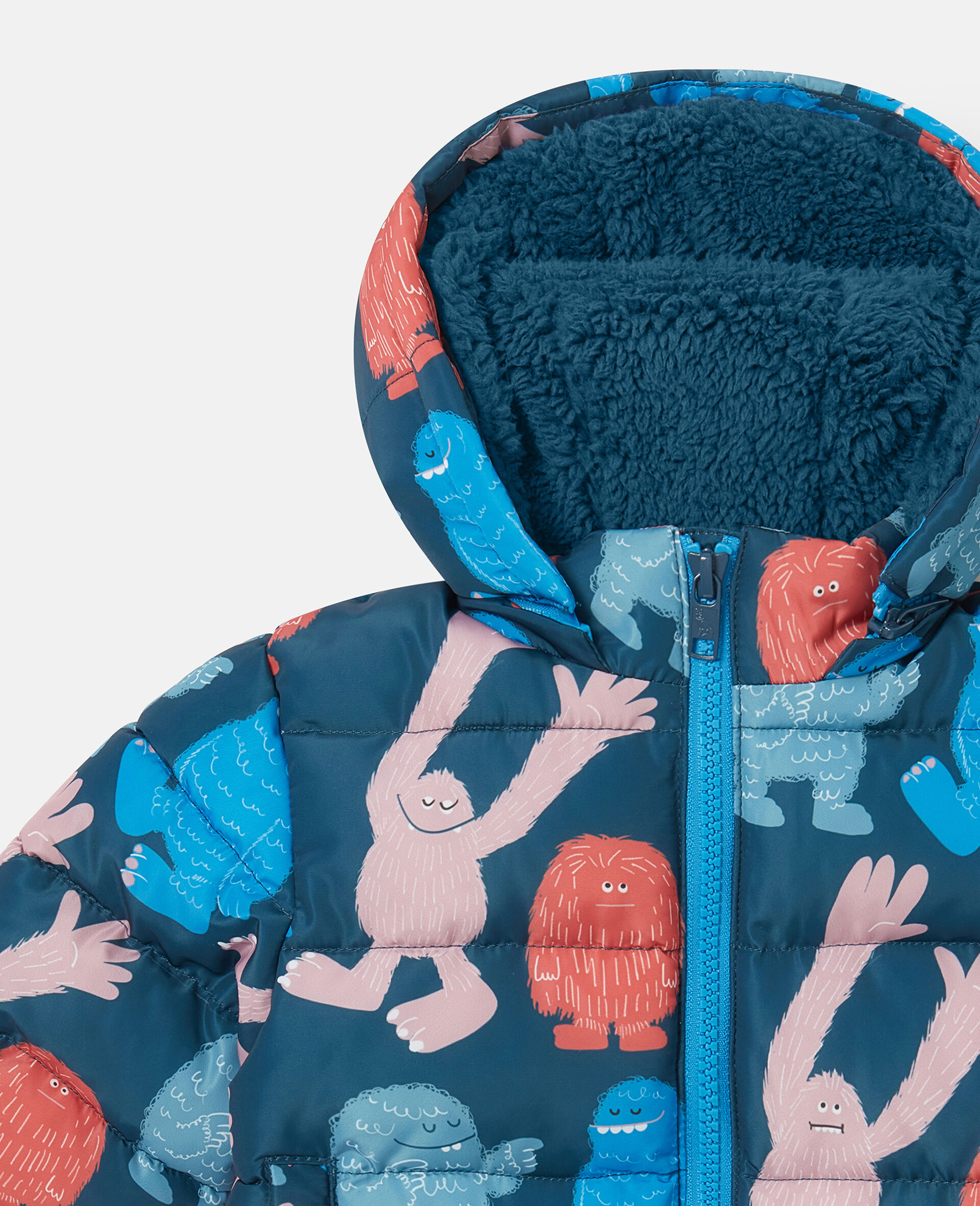 Monster Print Hooded Puffer Coat-Blue-large image number 1