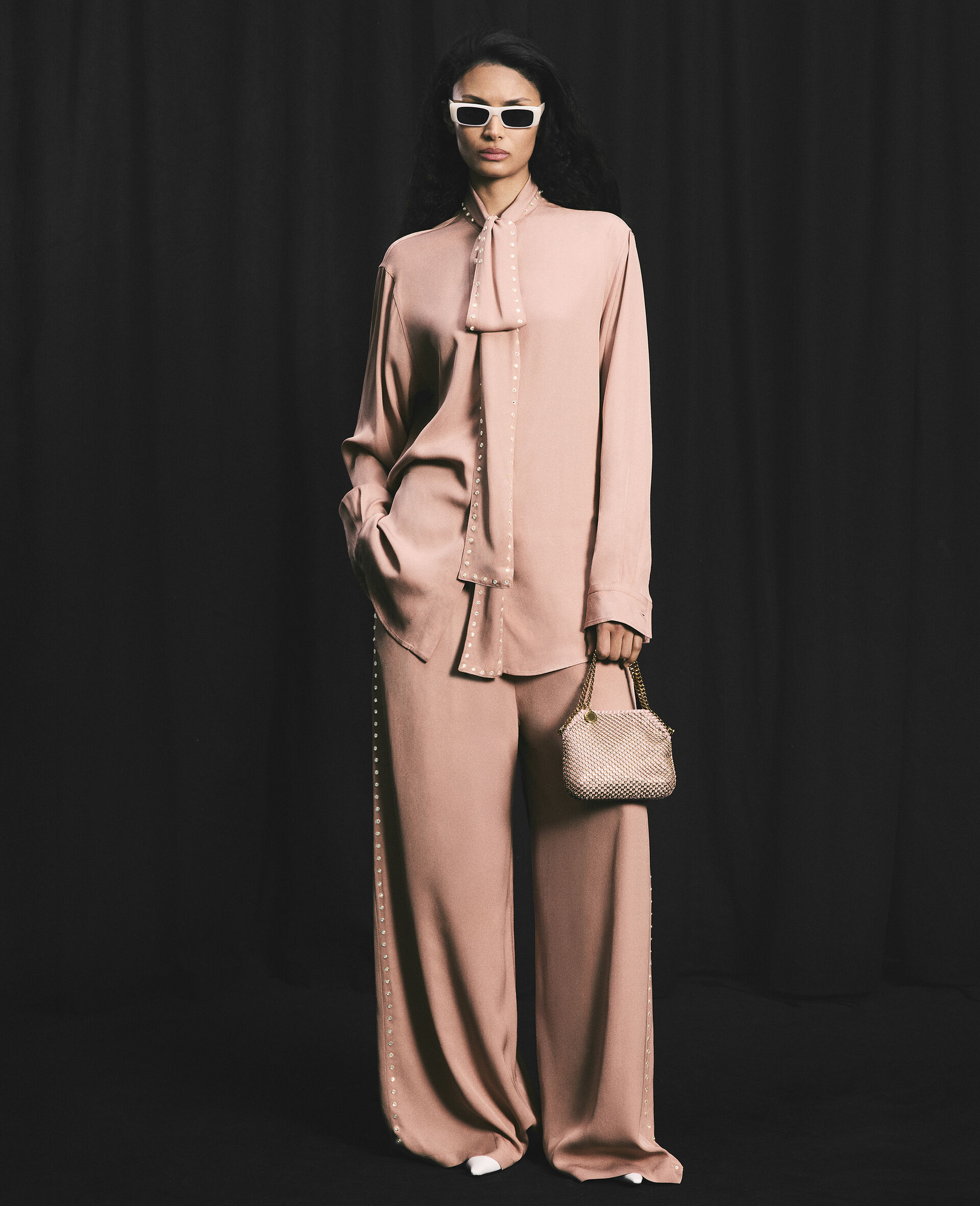Lead-Free Crystal High-Rise Wide-Leg Trousers-Pink-model
