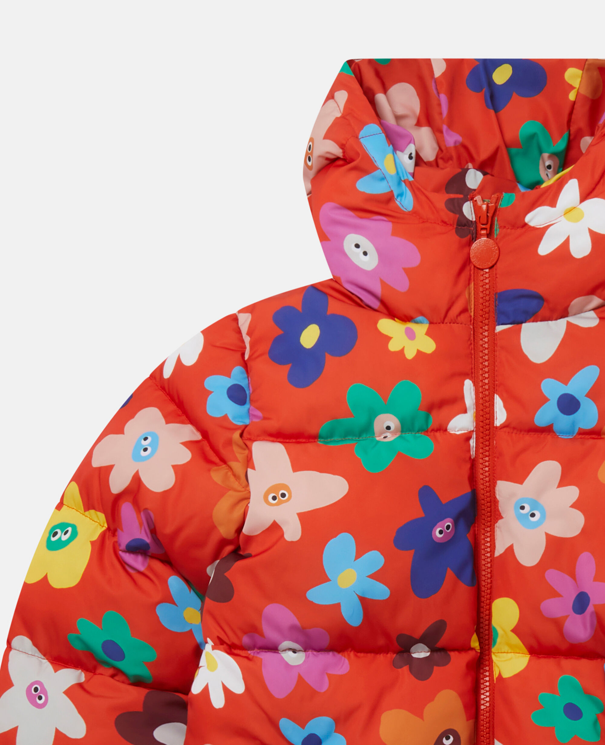 Women Red Smiling Flower Print Hooded Puffer Coat Stella