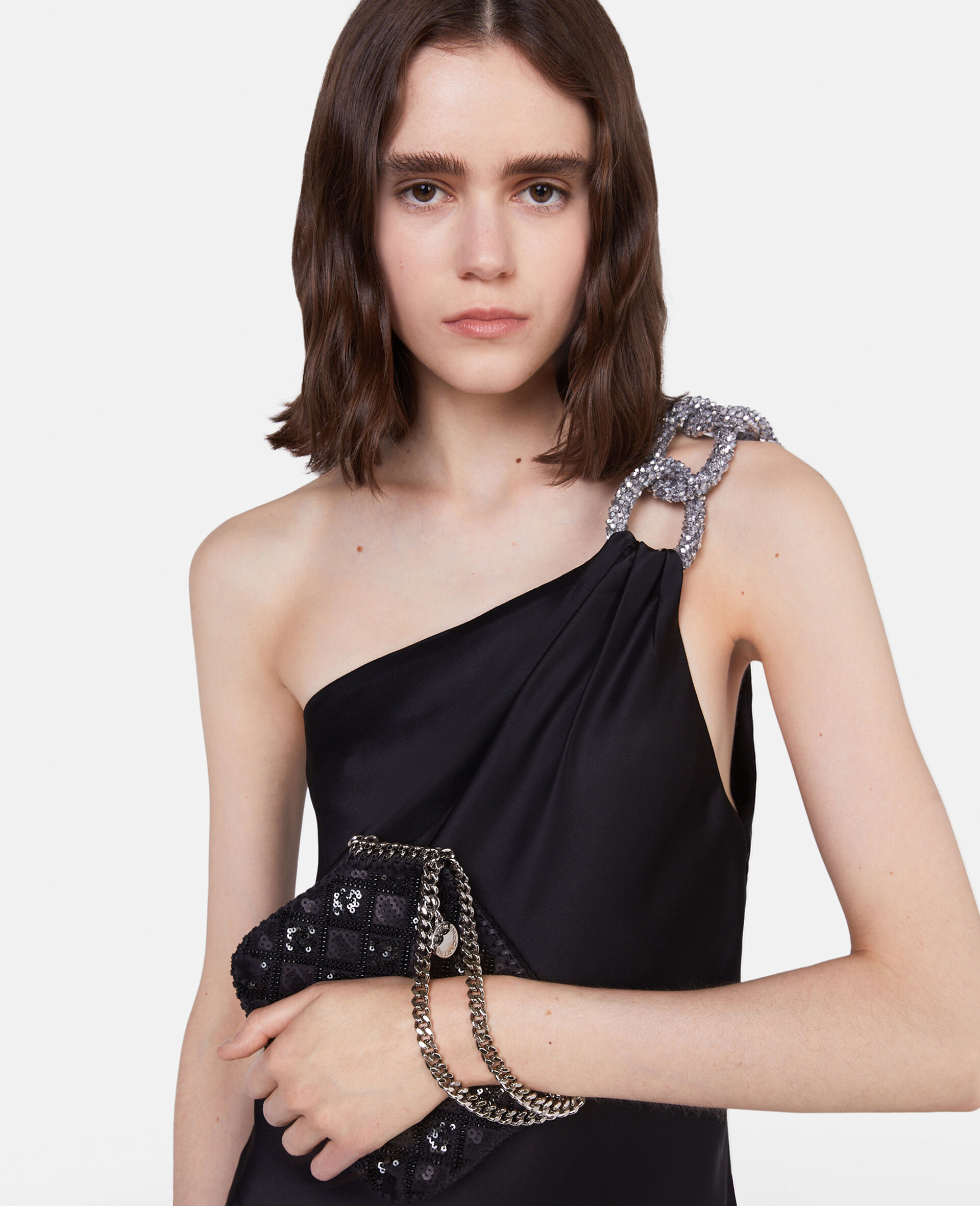 Falabella Checked Sequin Embroidery Evening Tote Bag-Black-model Falabella Checked Sequin Embroidery Evening Tote Bag-Black-model