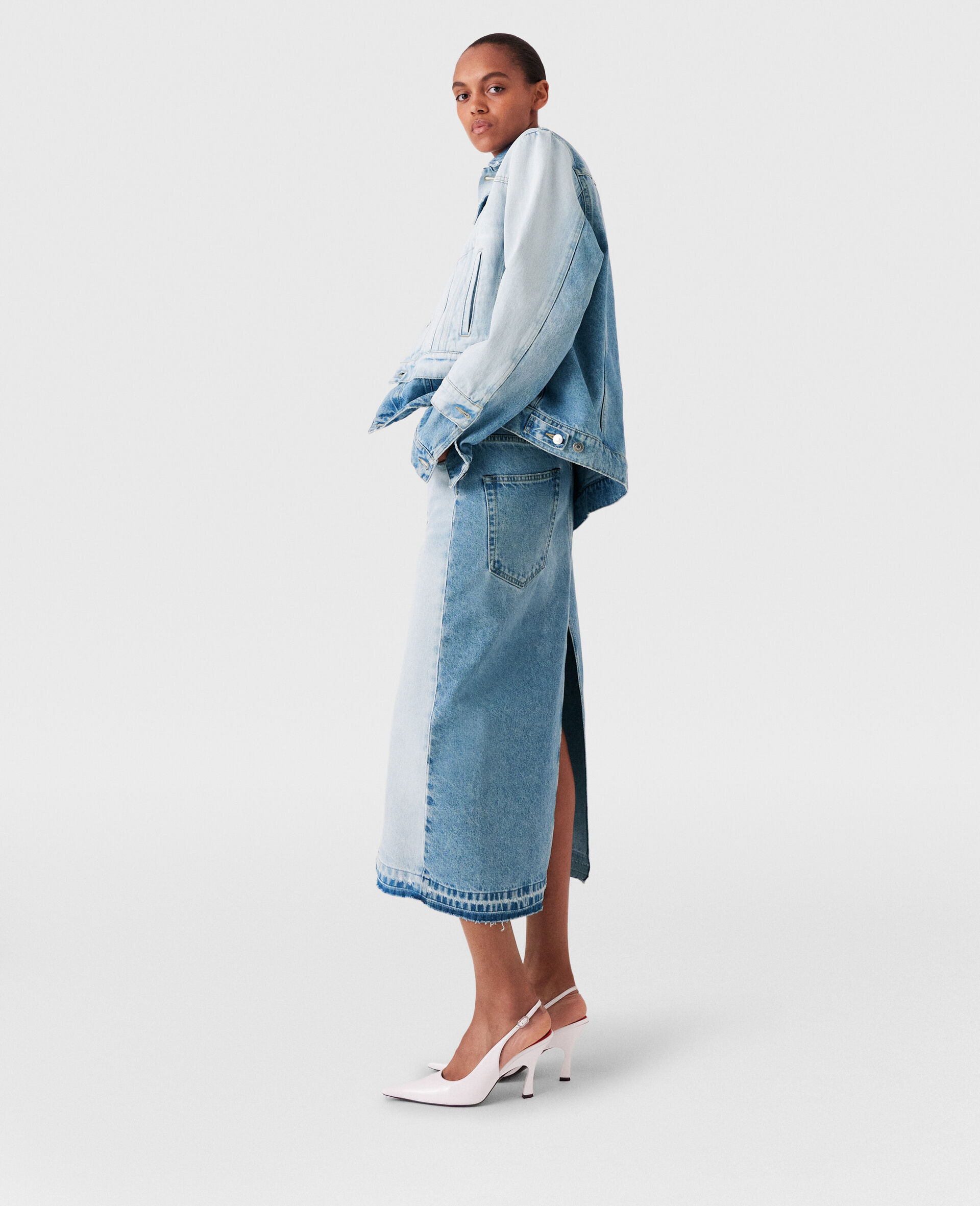 Contrast Panel Denim Skirt-Blue-large image number 2