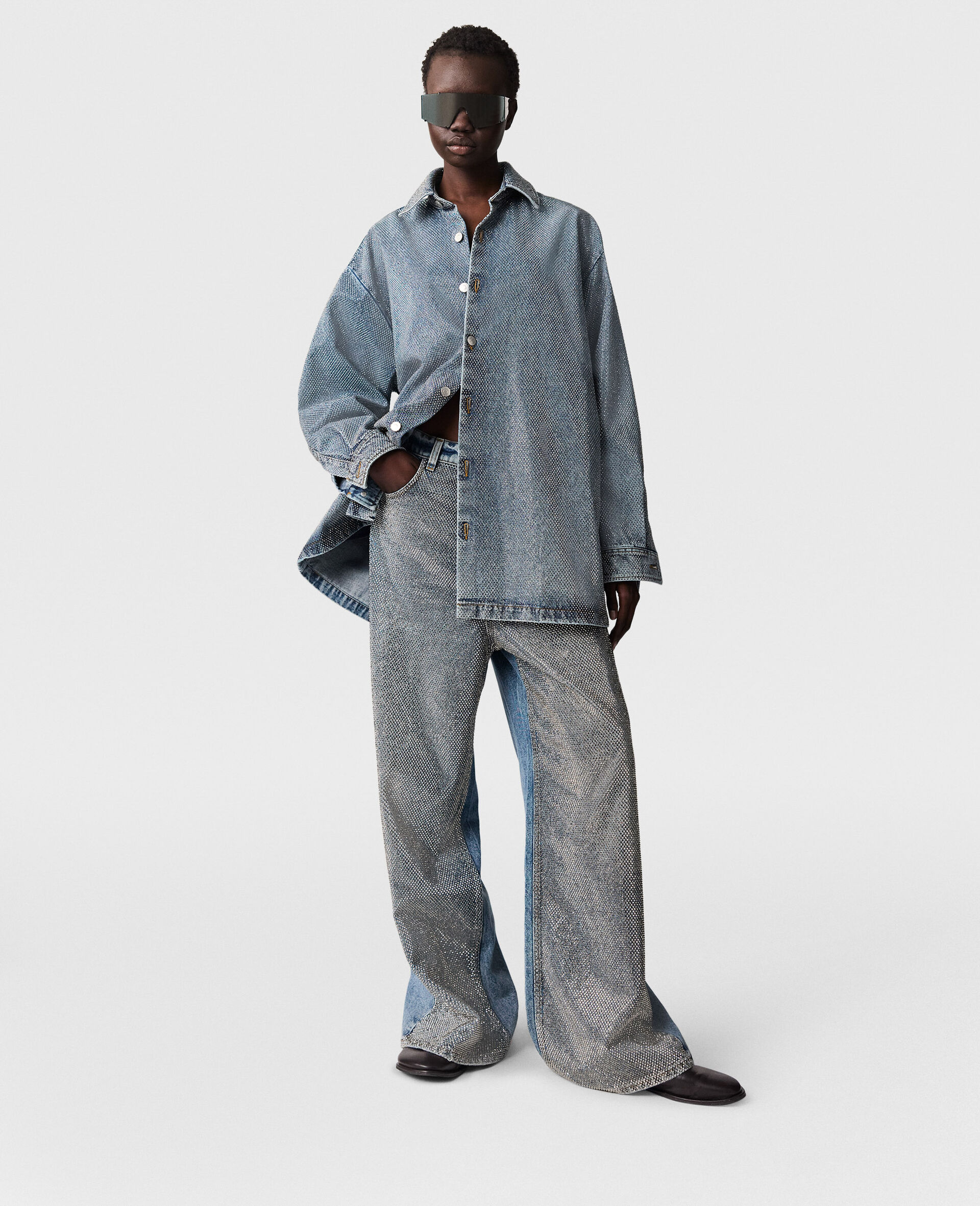 Oversized Rhinestone-Embellished Slouchy Denim Jeans-Silver-model