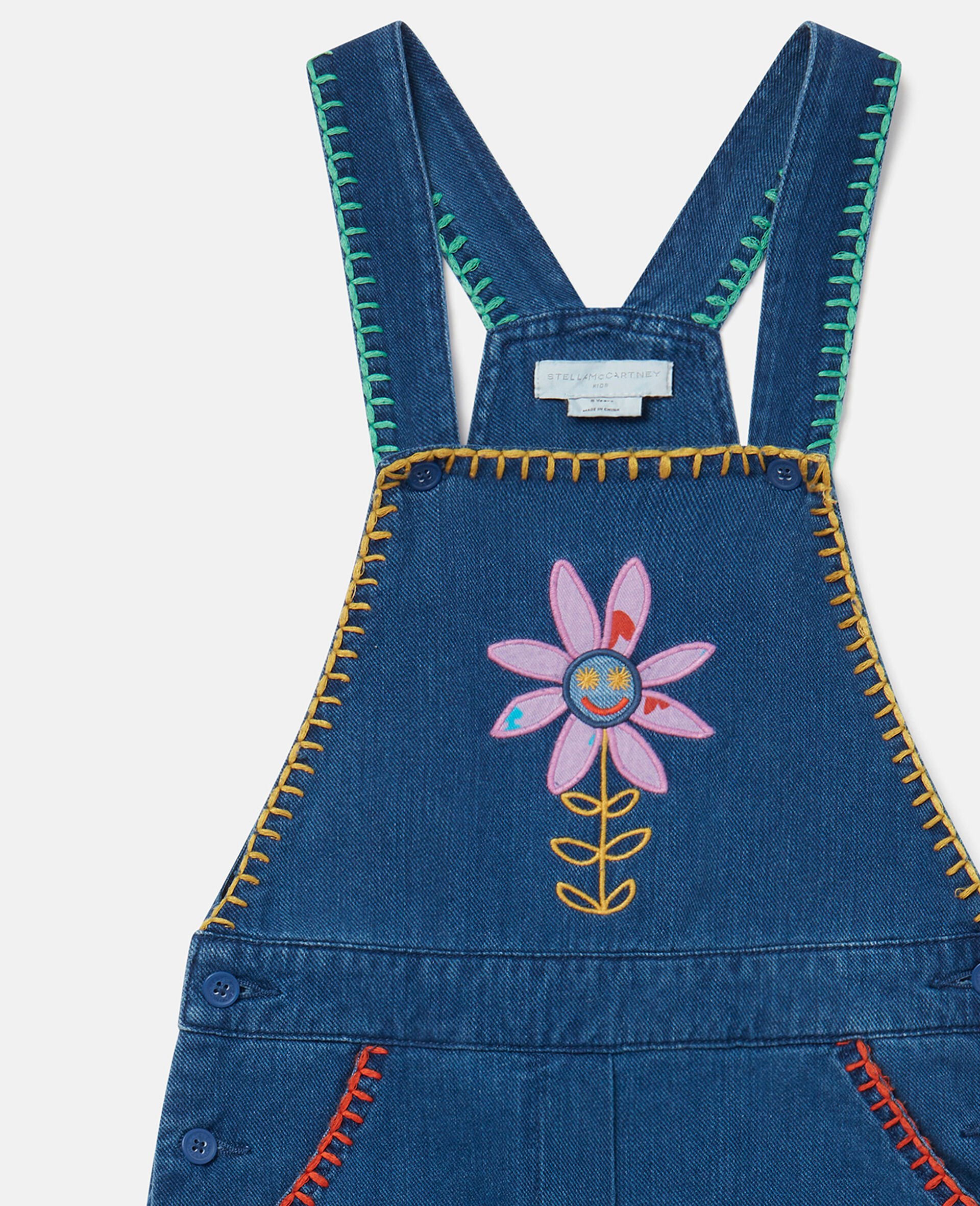 Smiling Flower Embroidery Dungarees-Blue-large image number 1