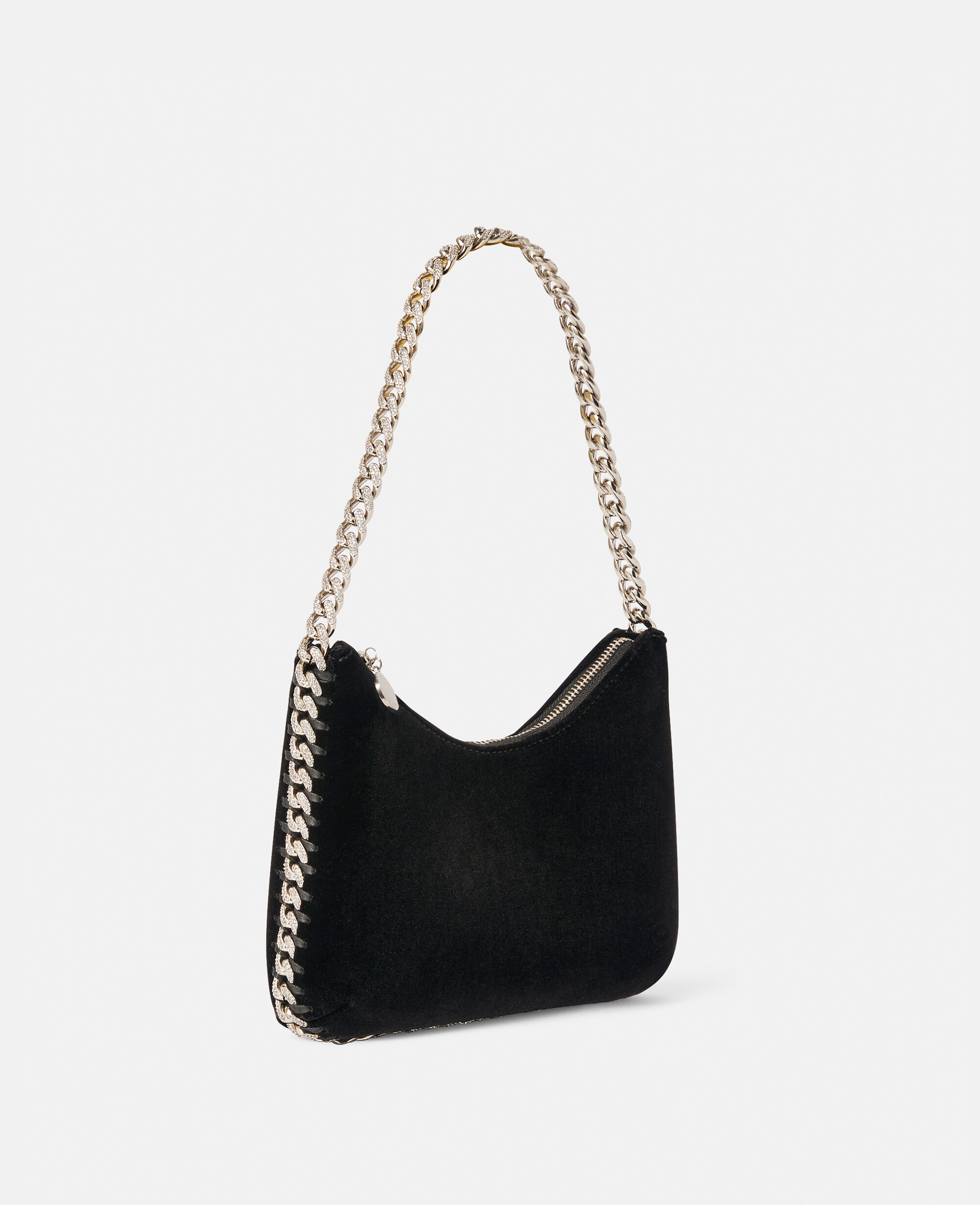 Borsa a spalla mini Falabella in velluto con catena con cristalli