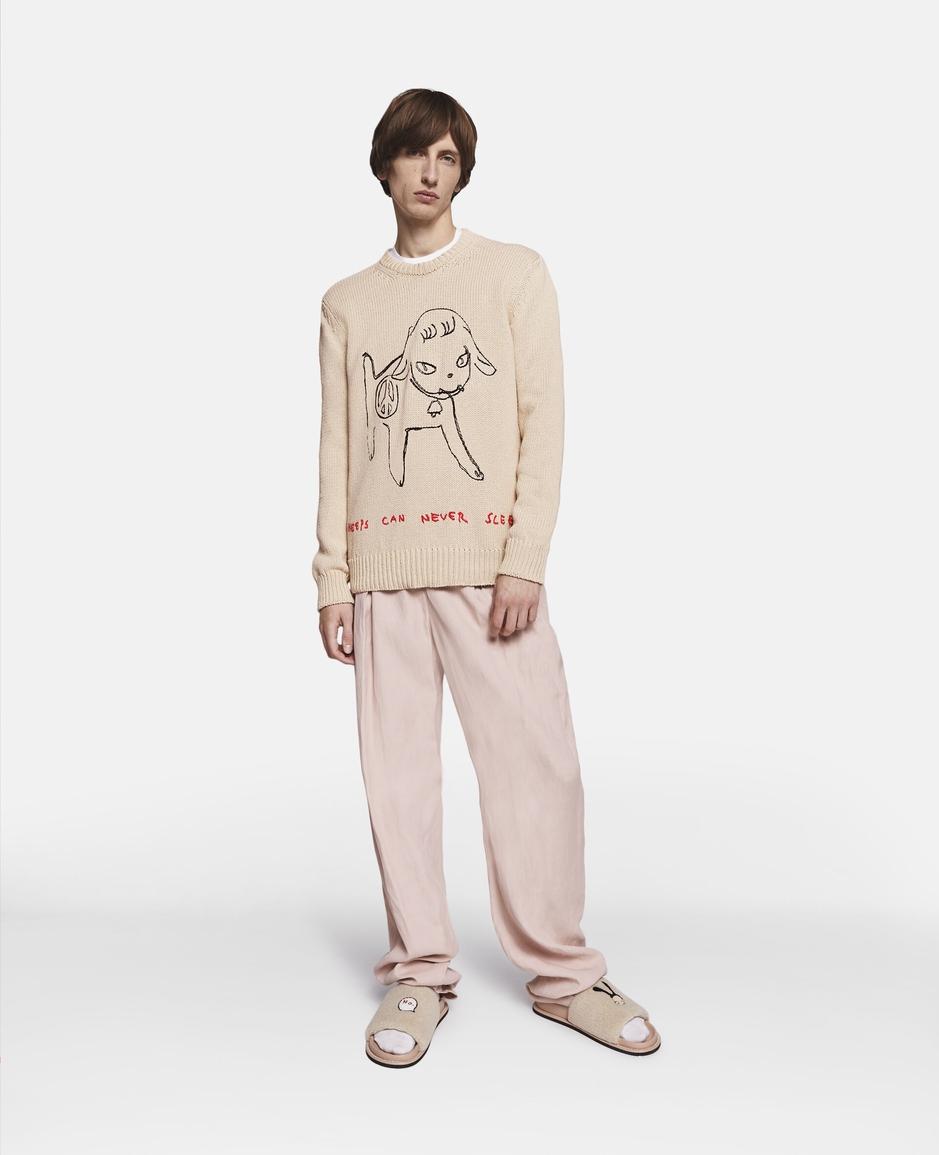 Sheep Embroidery Cotton Sweatshirt-Beige-large image number 0