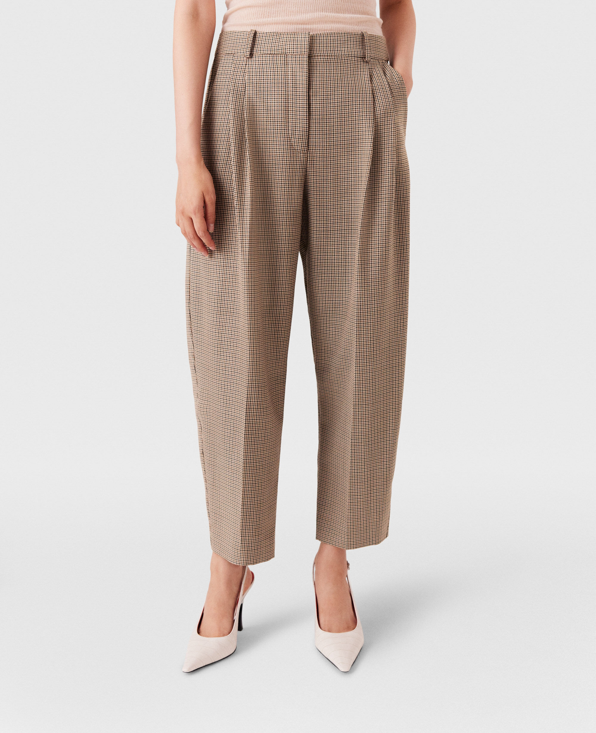 Women Brown Pleated Houndstooth Wool Pants | Stella McCartney US