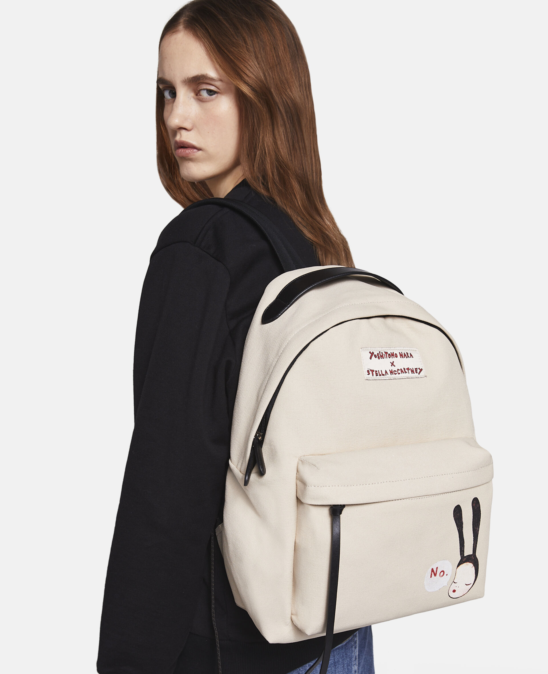 Little Black Bunny Print Backpack-Beige-large image number 0