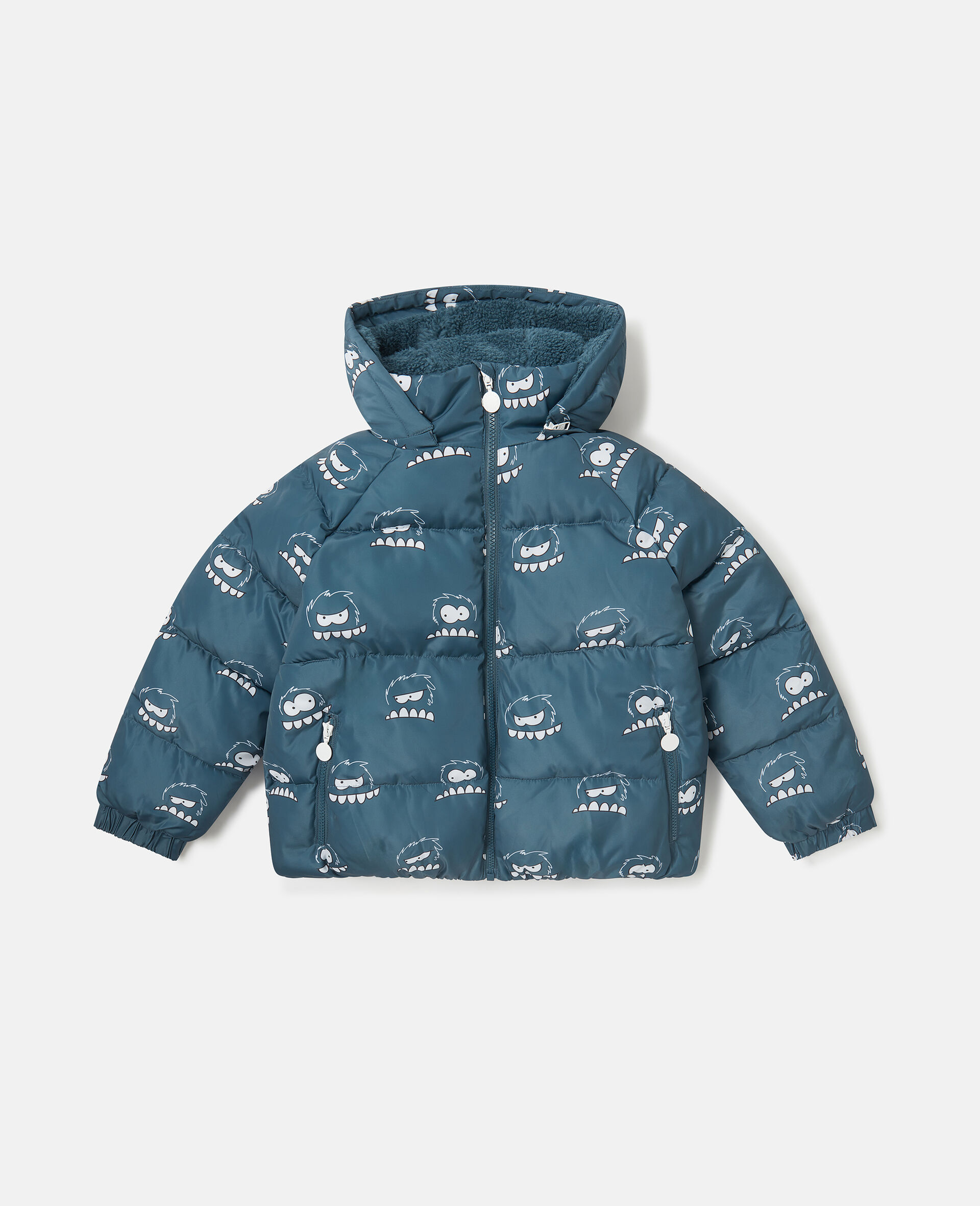 Monster Print Hooded Puffer Coat-Blue-large image number 0