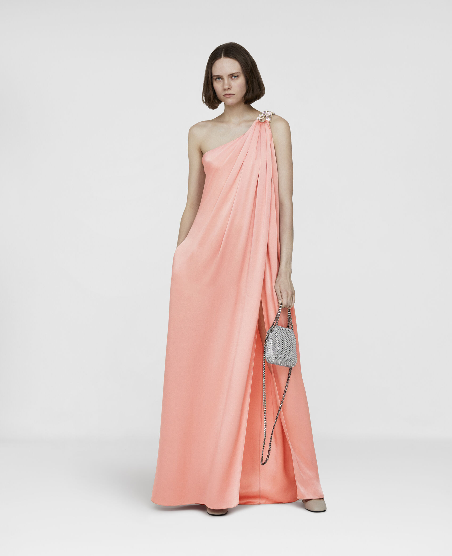 One Shoulder Double Satin Dress-Pink-large image number 1