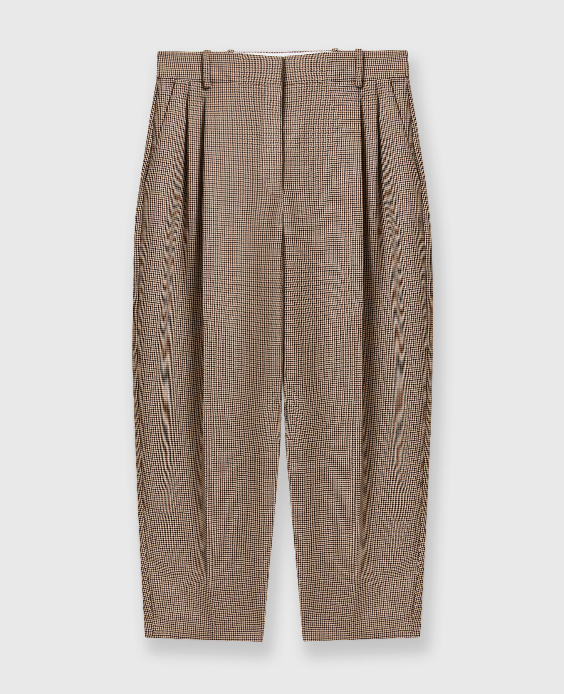 Pleated Houndstooth Wool Trousers-Brown-large image number 0
