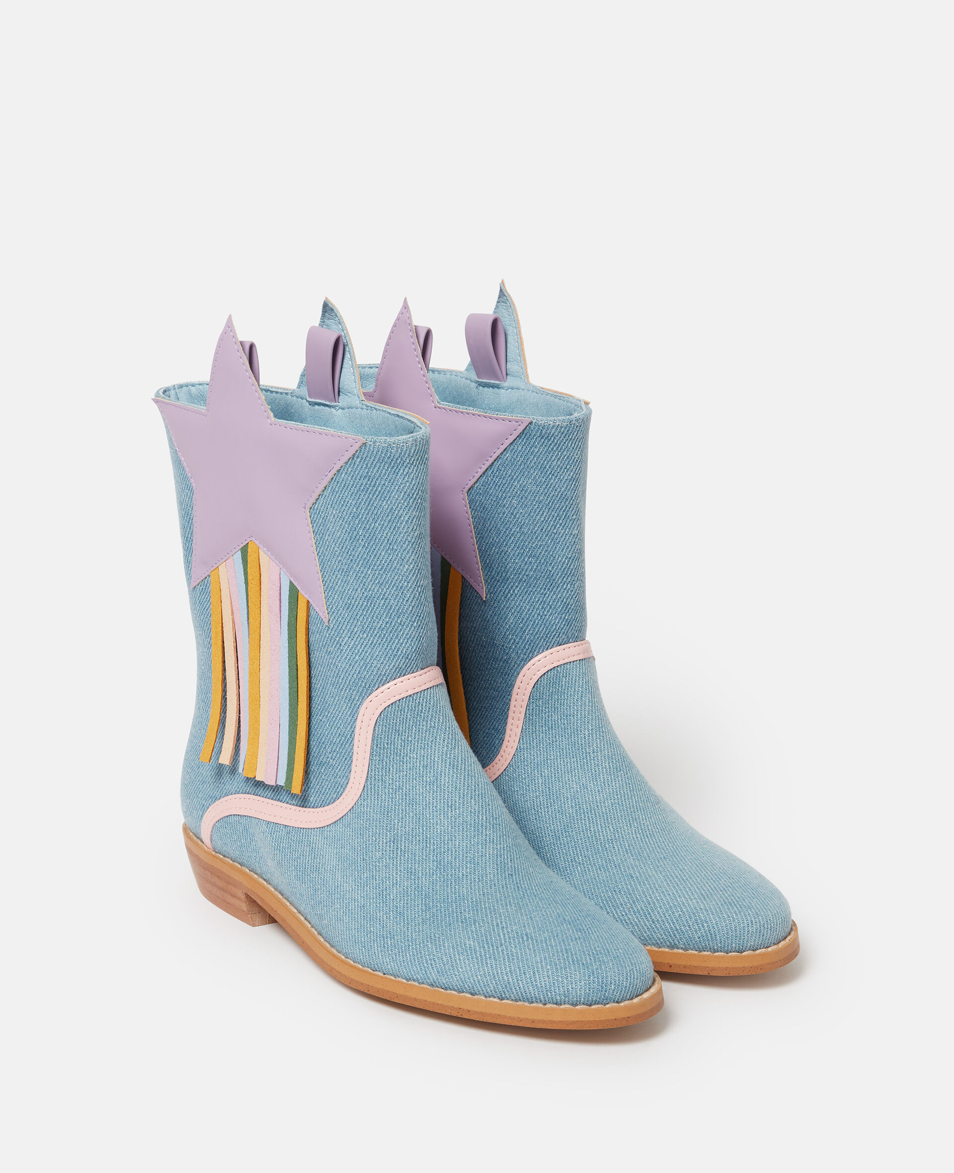 Star Detail Denim Western Boots-Blue-medium