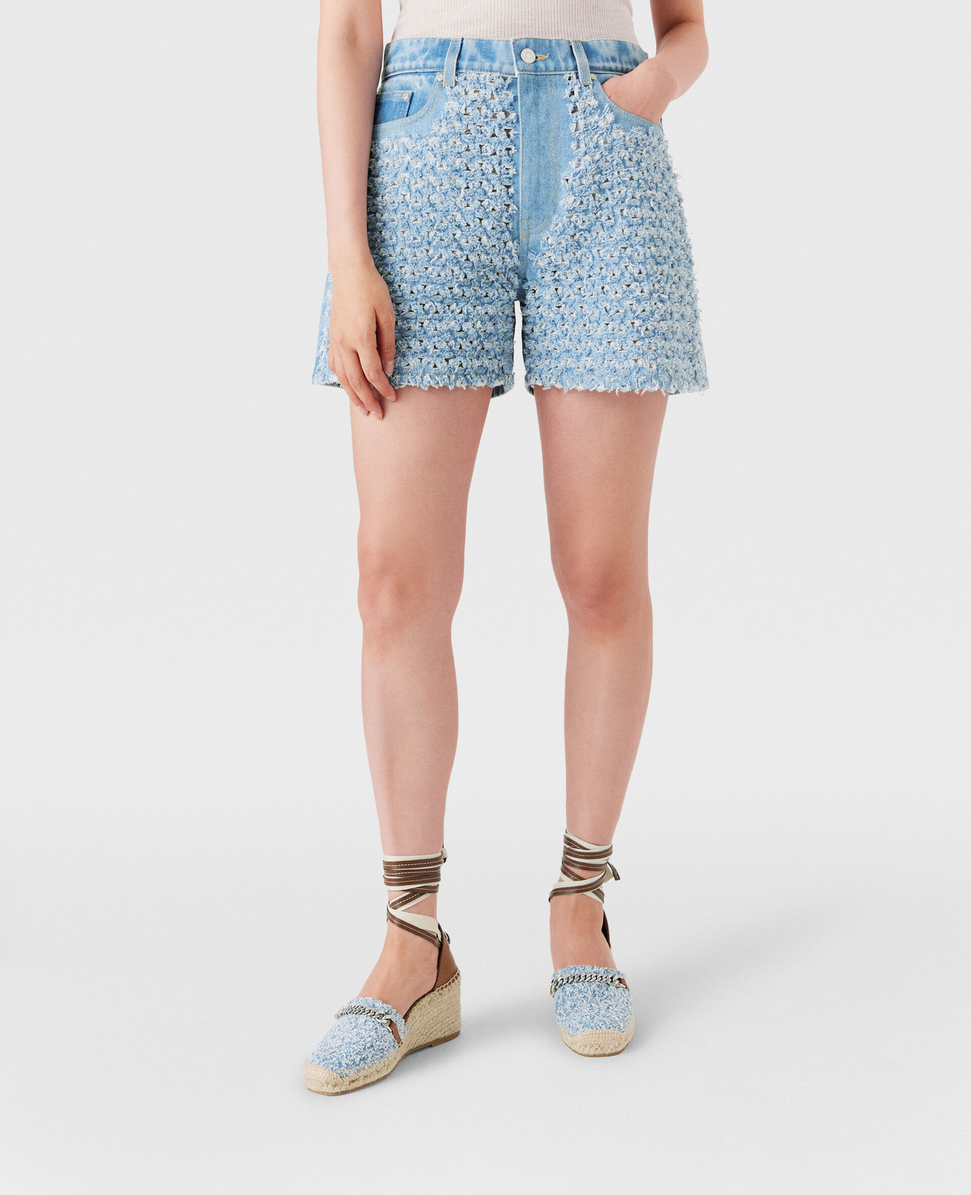Mid-rise Denim Bouclé Shorts-Blue-large image number 5