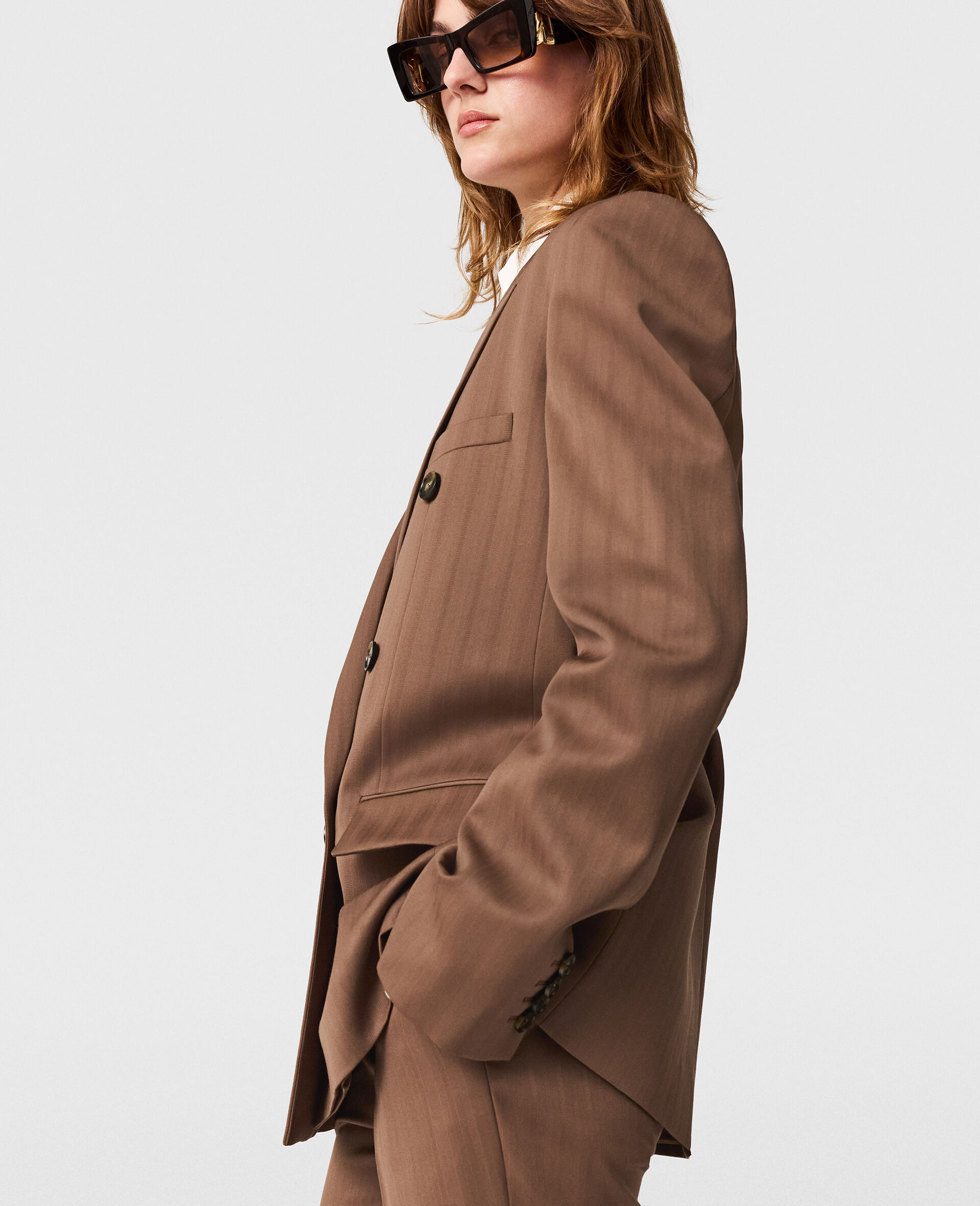Oversized Pinstripe Double-Breasted Blazer-Brown-large image number 2