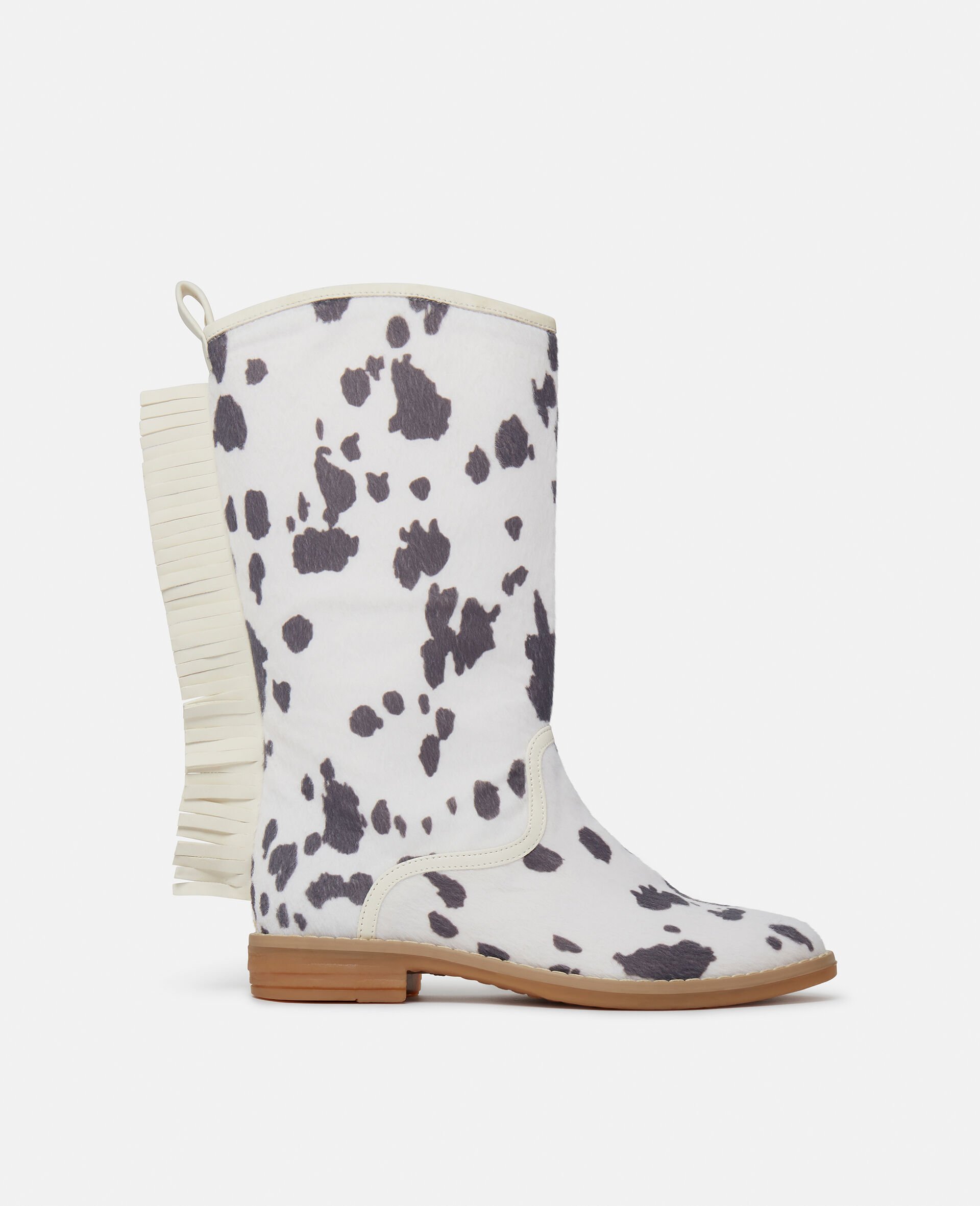 Cow Pattern Fringed Western Boots-White-medium