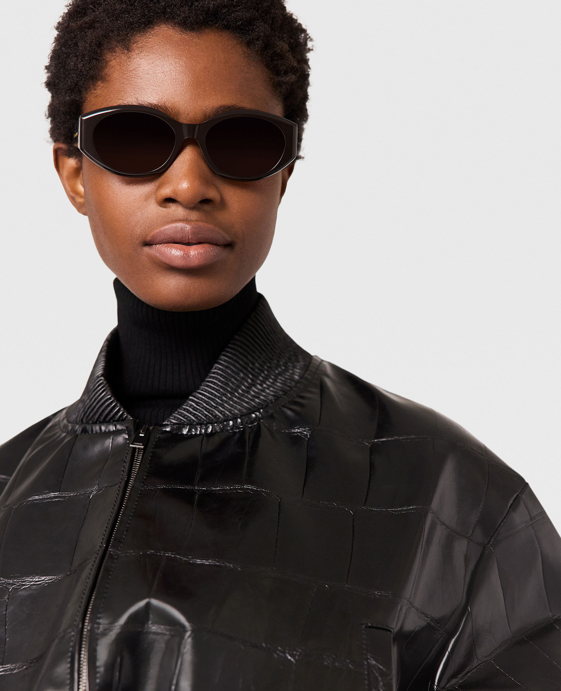 Crocodile-Embossed Cropped Bomber Jacket-Black-large image number 5