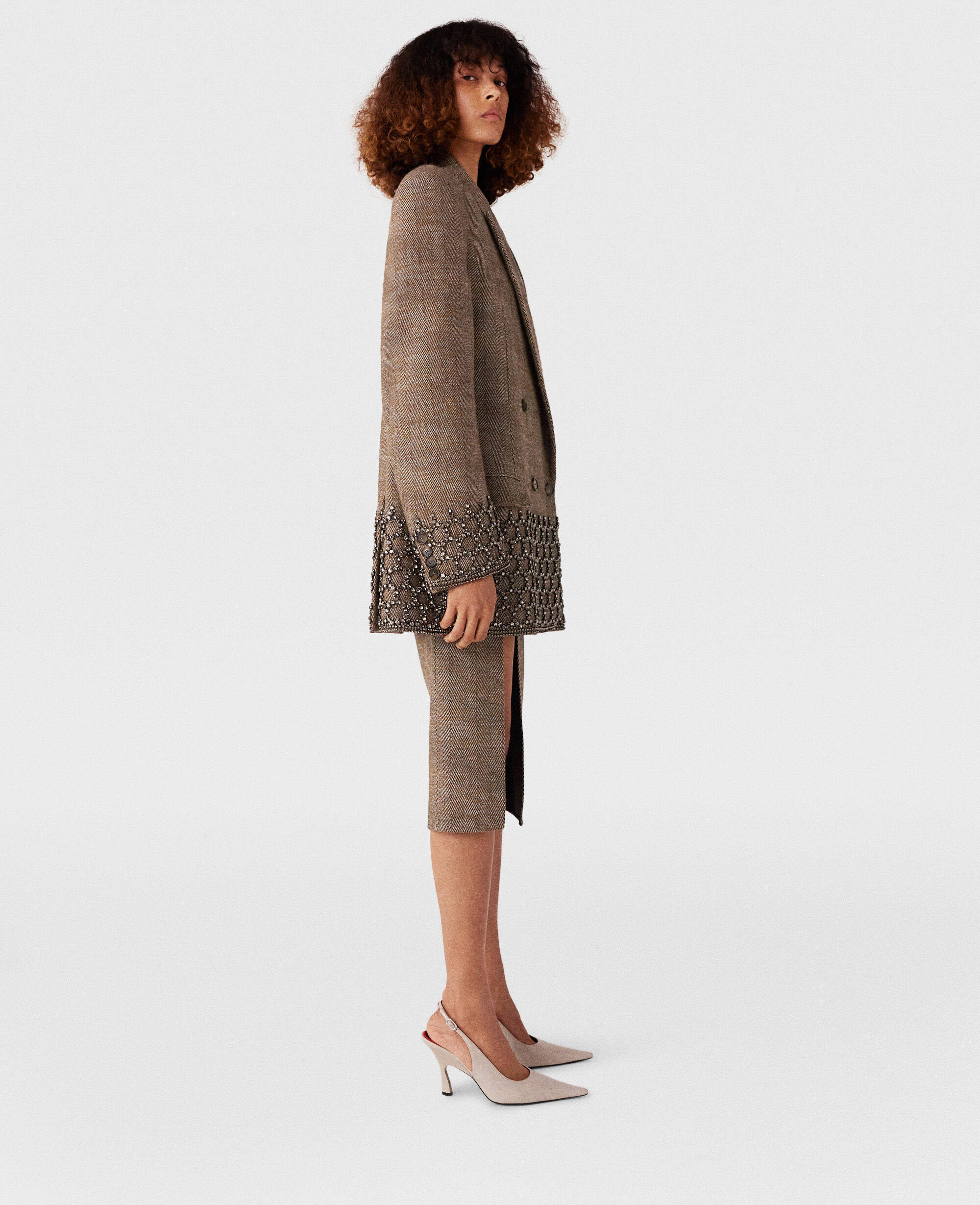 Women Beige tweed Crystal Cage Oversized Blazer | Stella