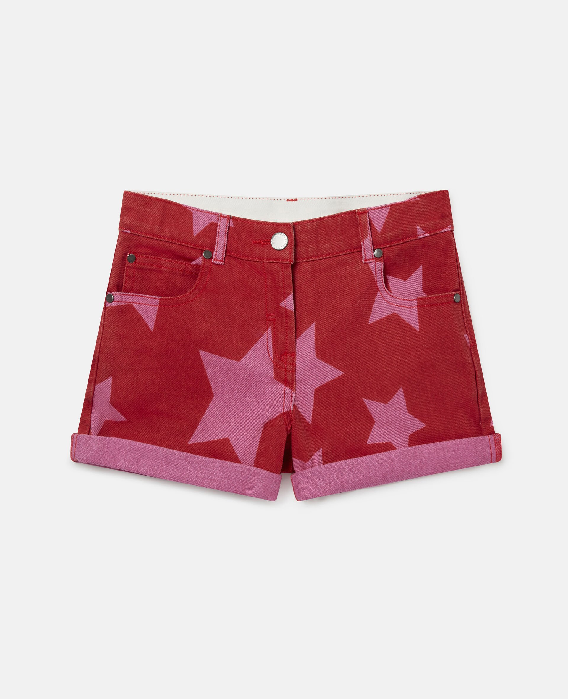 Star Print Denim Shorts-Red-large