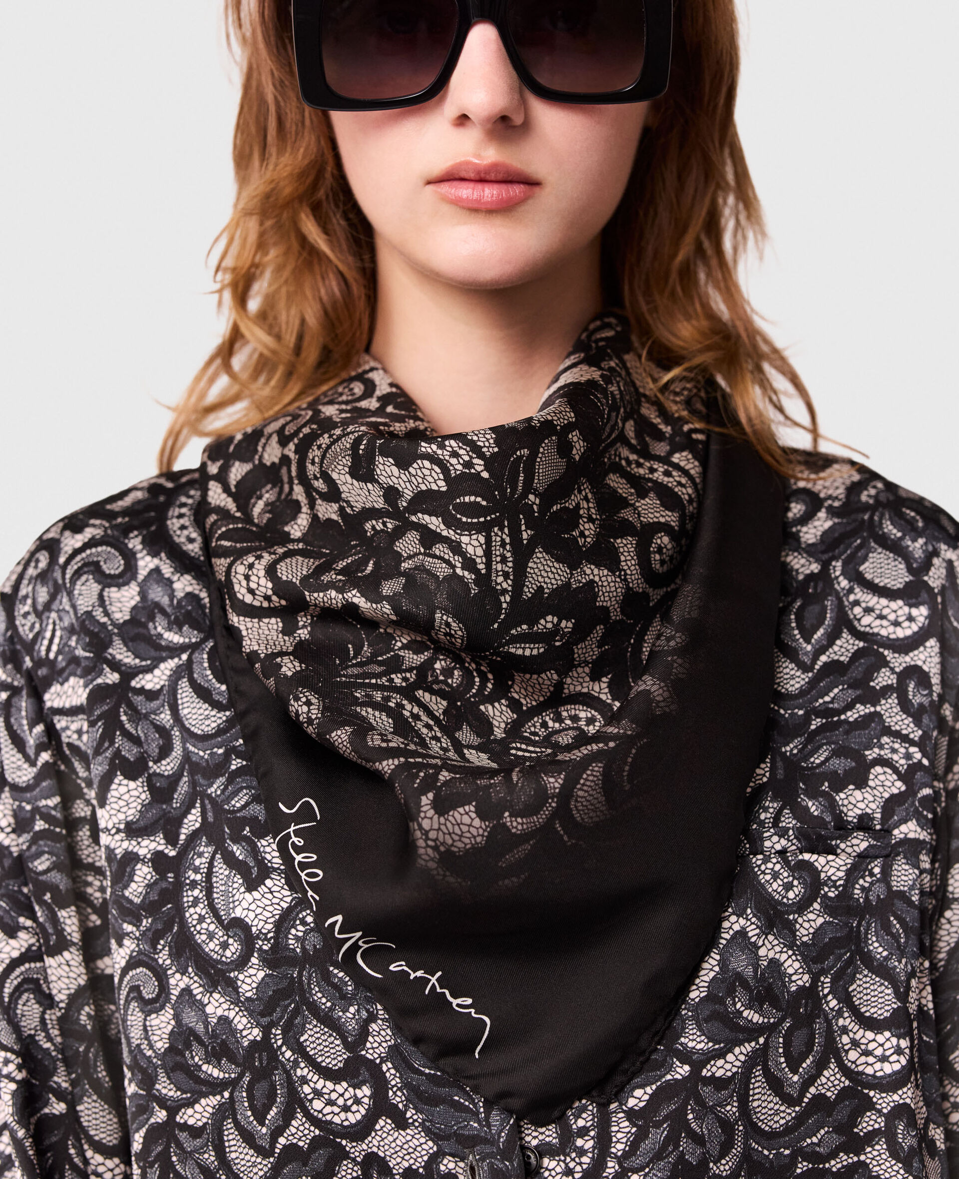 Lace Print Square Scarf-Black-large Lace Print Square Scarf-Black-large image number 4