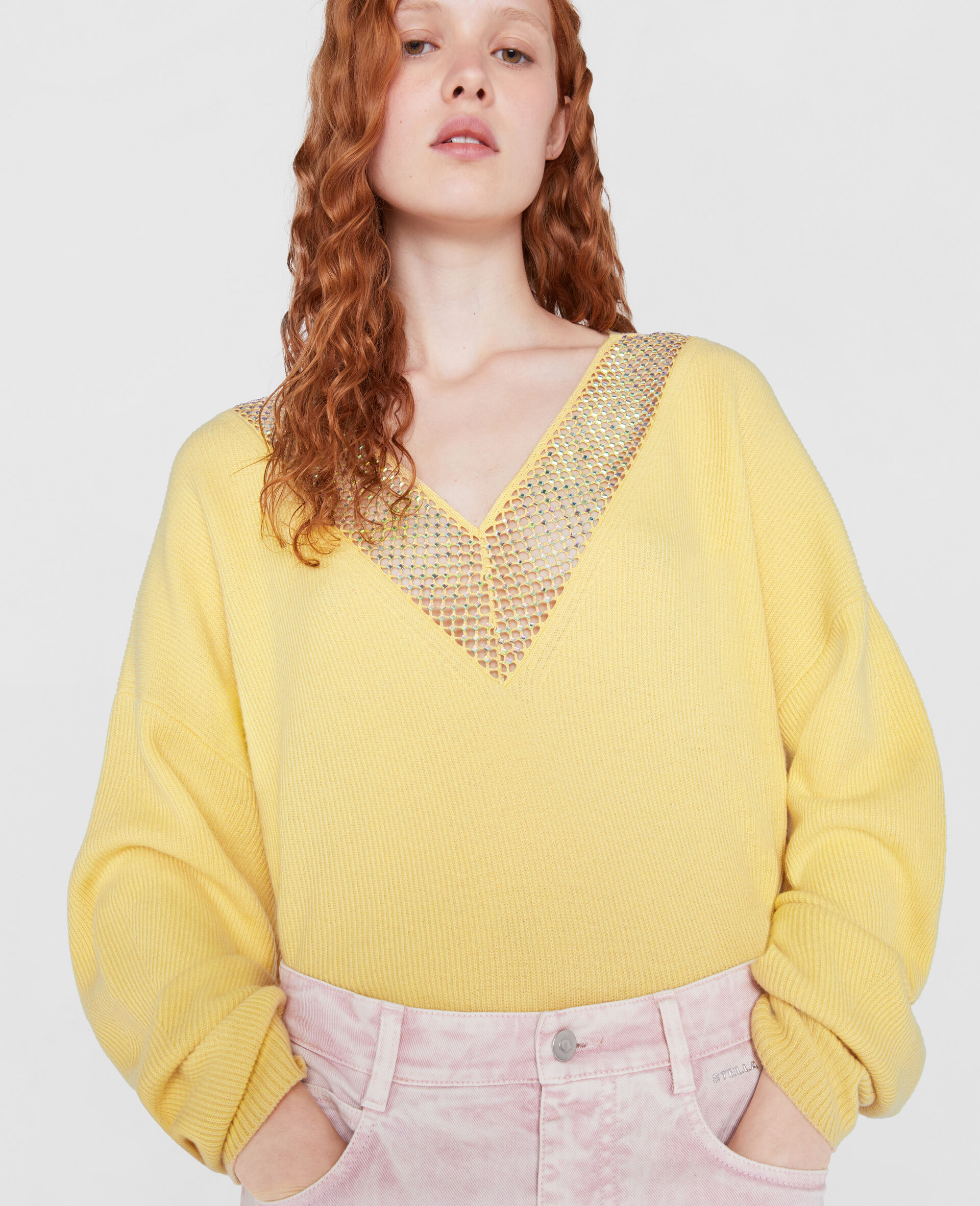 Diamond Embellished Knit Sweater-Yellow-large image number 3