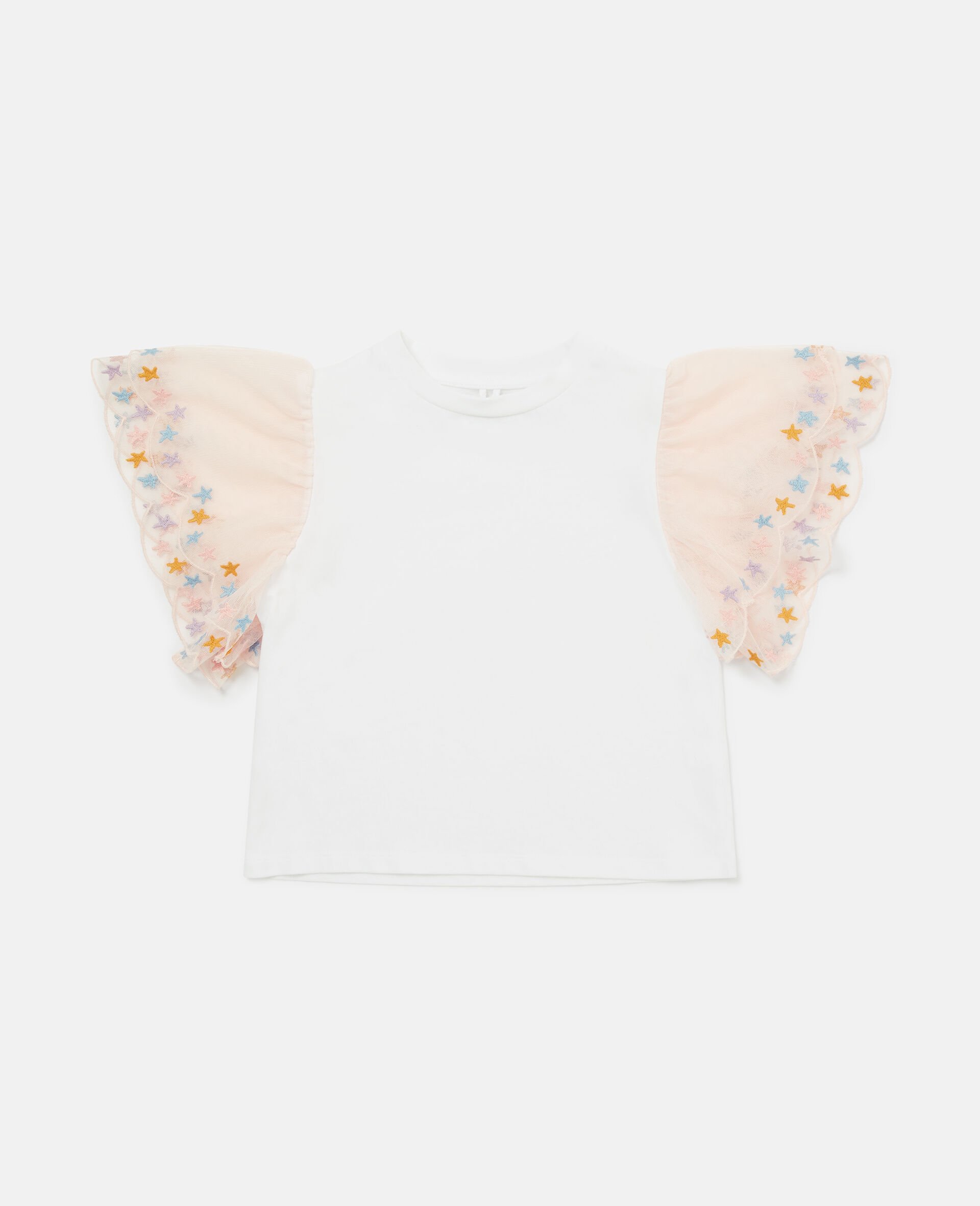 Scallop Trim Sleeve T-Shirt-White-medium