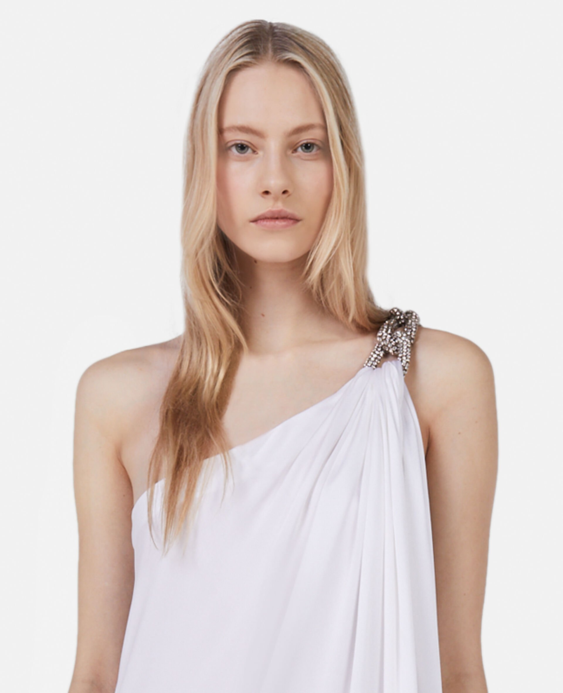 Falabella Crystal Chain Double Satin One-Shoulder Gown-White-large image number 3