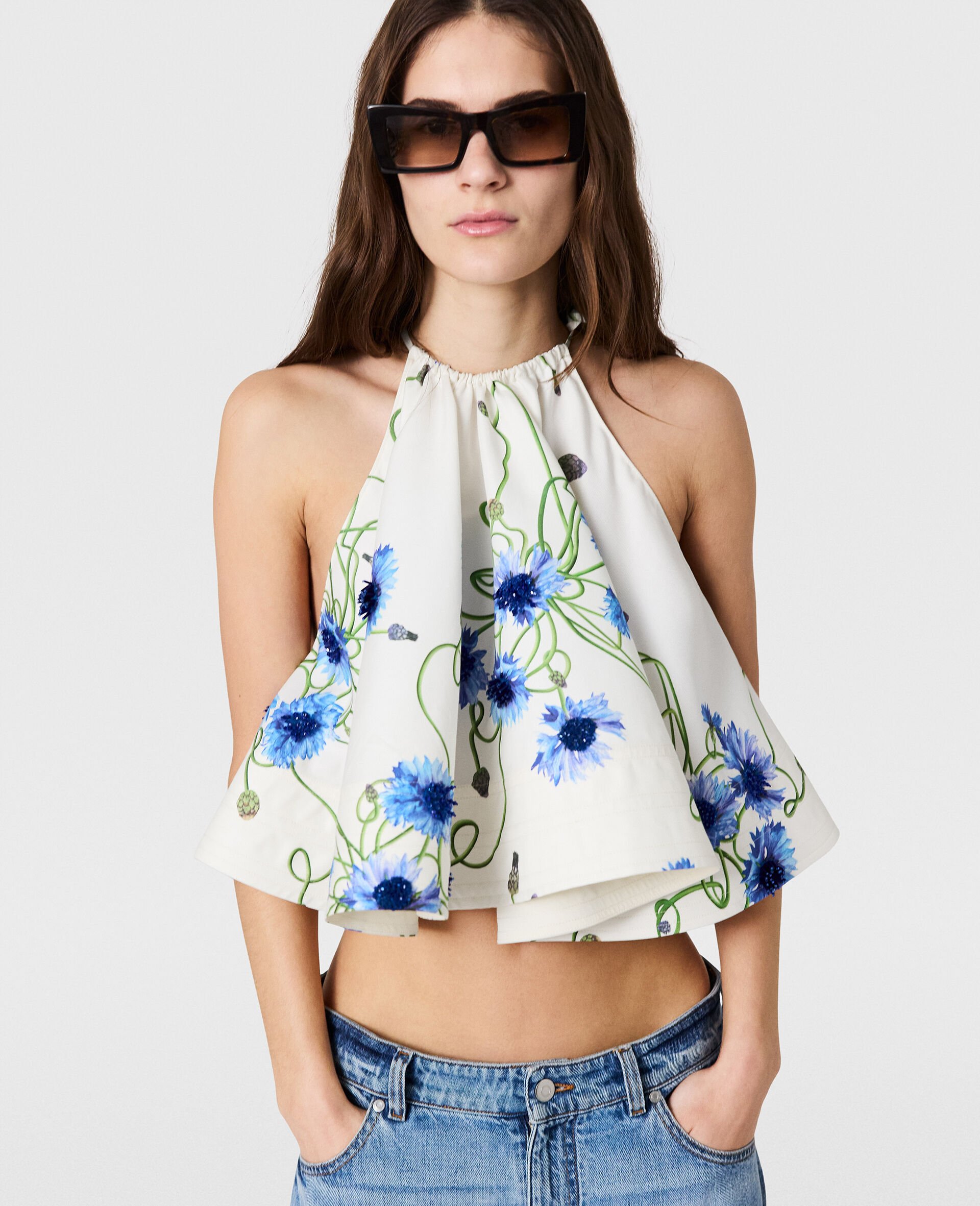 Embroidered Cornflower Sleeveless Frill Top-White-medium