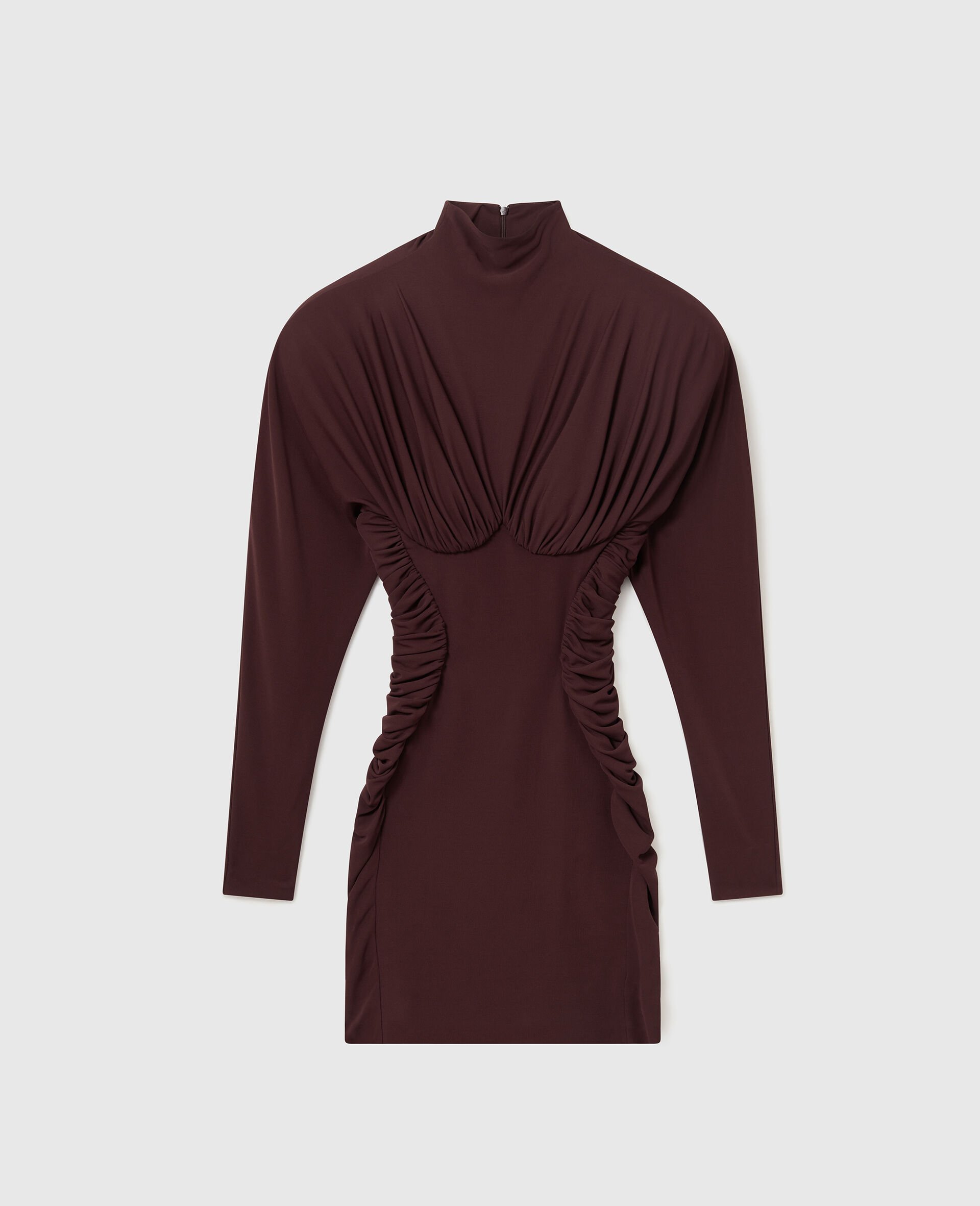 Pleated High-Neck Long-Sleeve Mini Dress-Brown-large image number 0