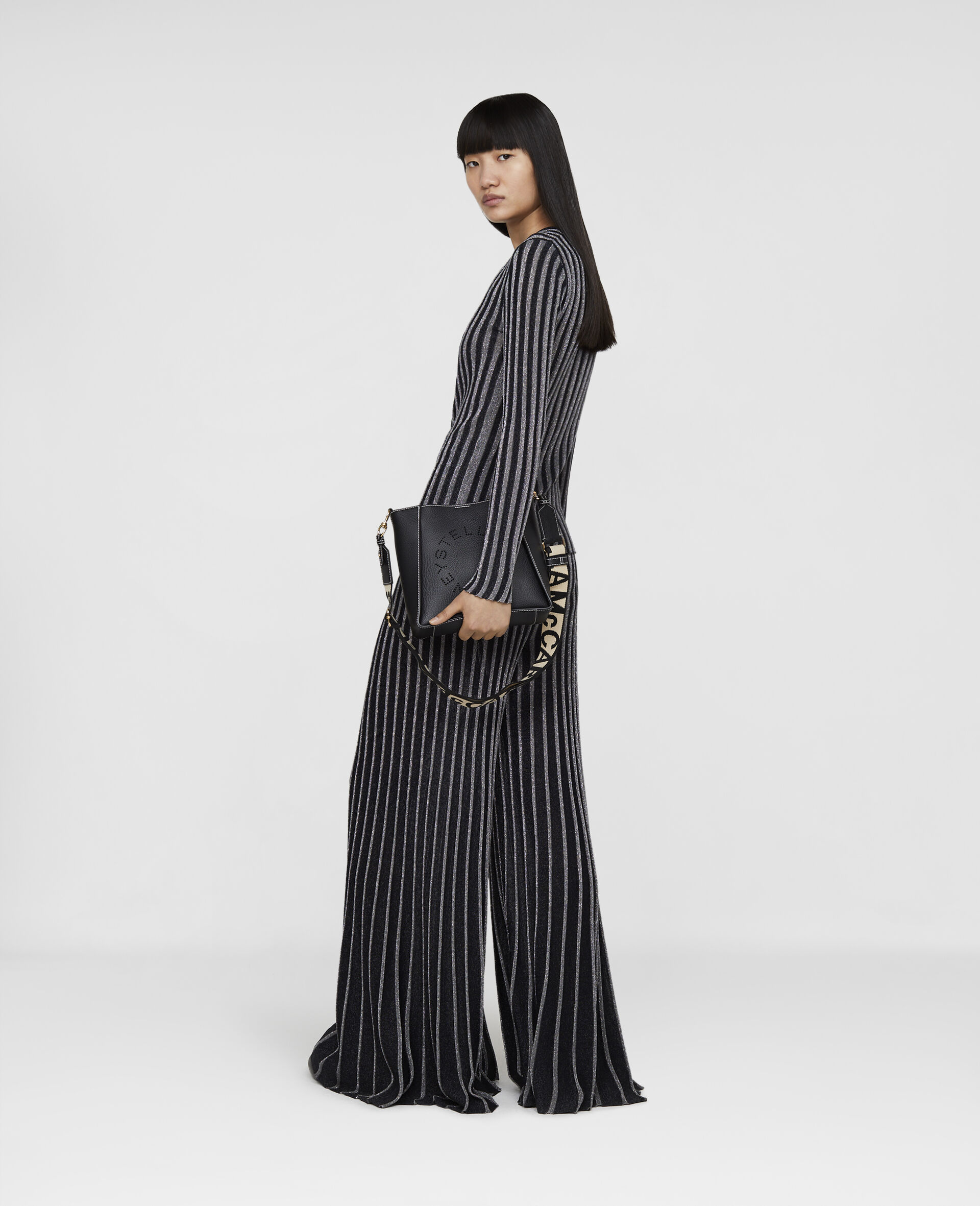 Pinstripe Pleated Knitted Trousers-Black-large image number 2