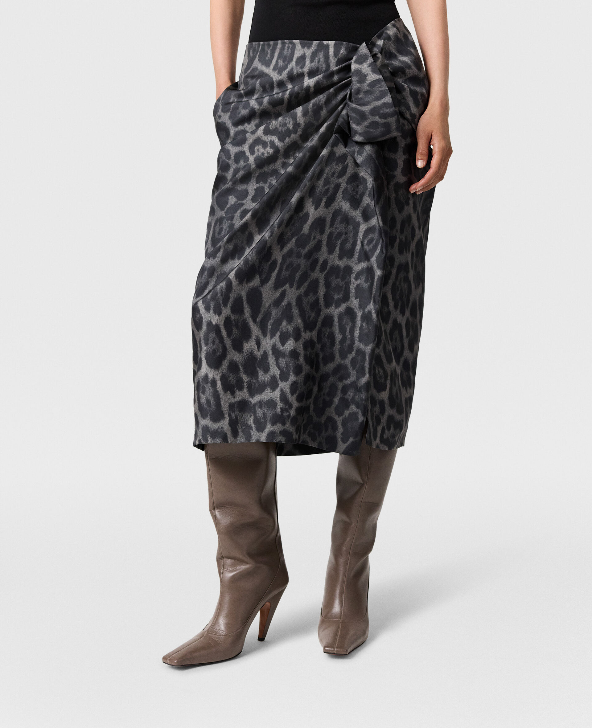 Knotted Asymmetric Leopard Midi Skirt-Grey-large image number 5