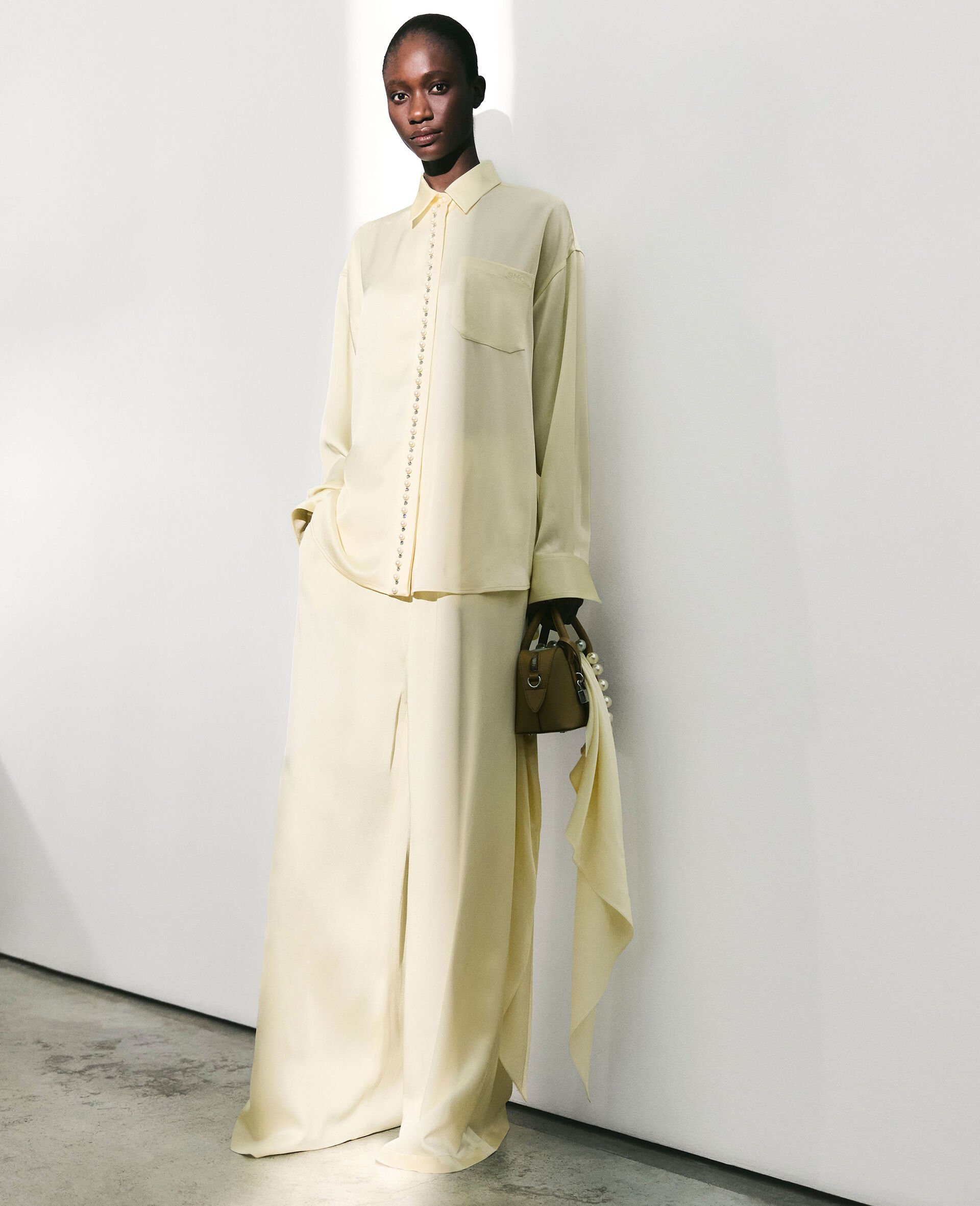 Oversized Drawstring Satin Trousers-Yellow-large image number 4