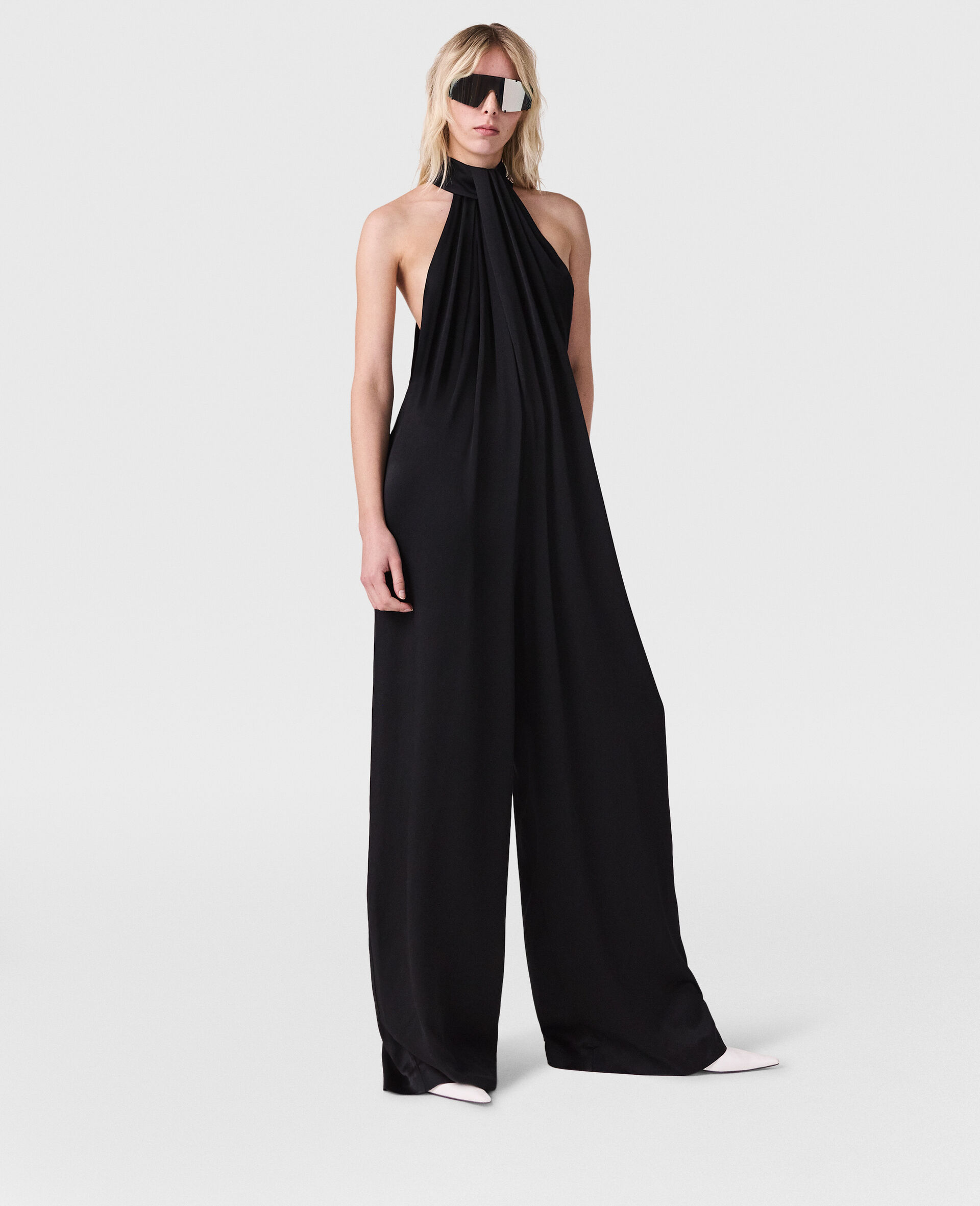 Halterneck Panel Jumpsuit-Black-model